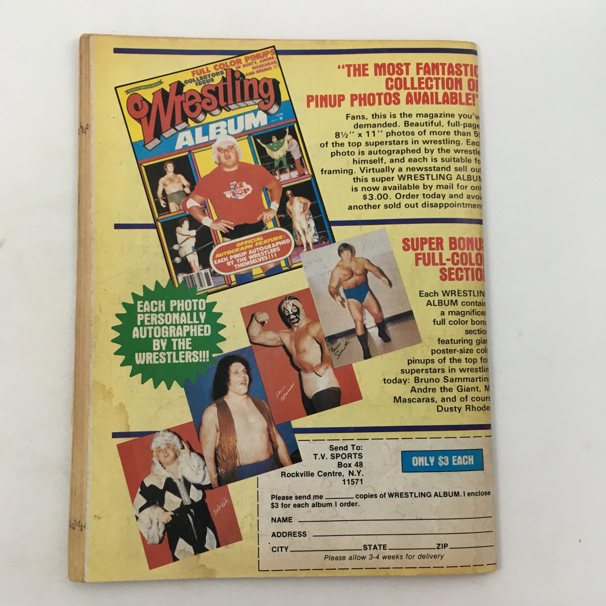 Back cover of Wrestling Superstars Magazine Spring 1980 advertising a wrestling album with autographed photos of popular wrestlers including Andre The Giant and others.