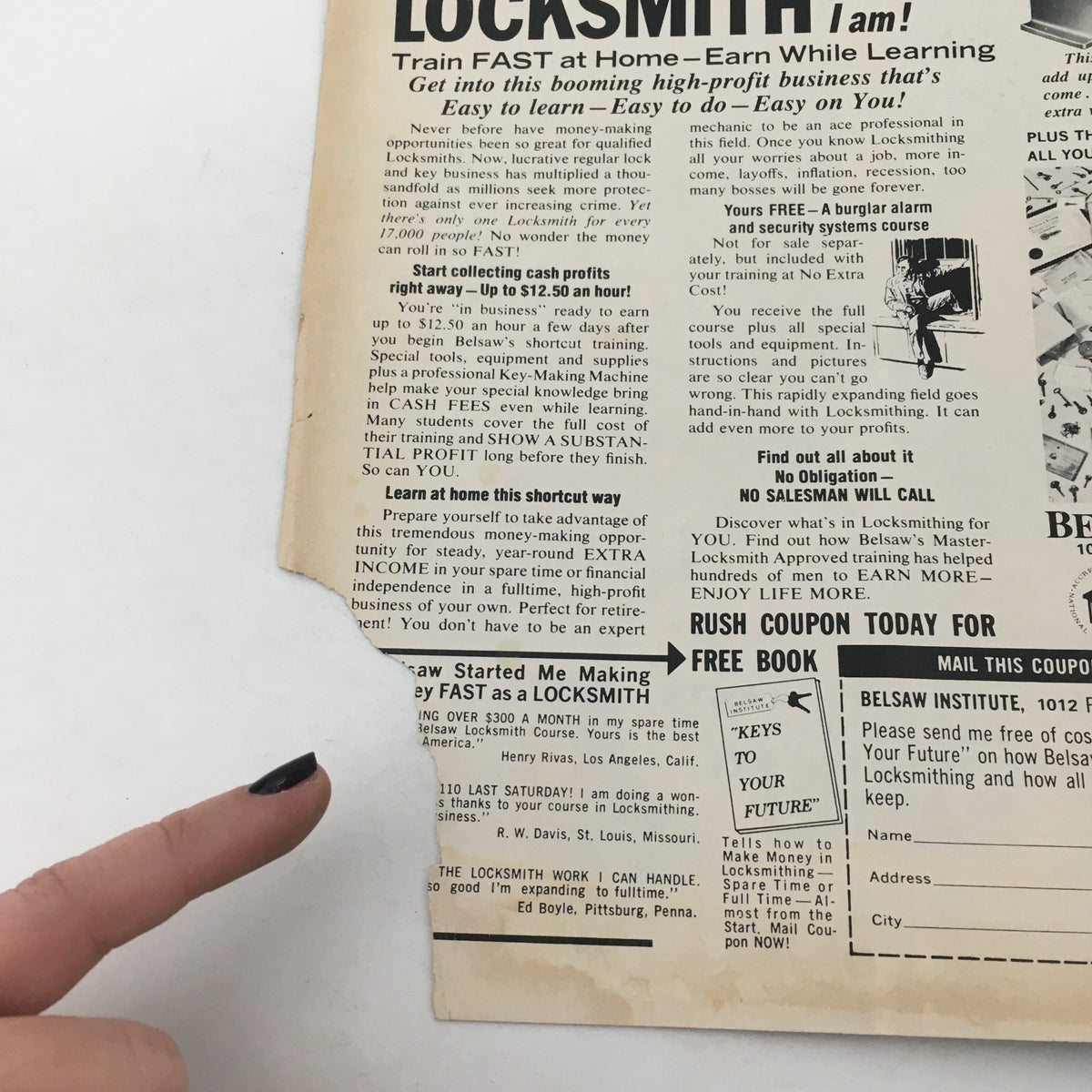 Damaged page from Wrestling Superstars Magazine Spring 1980 featuring an advertisement on locksmith training opportunities.