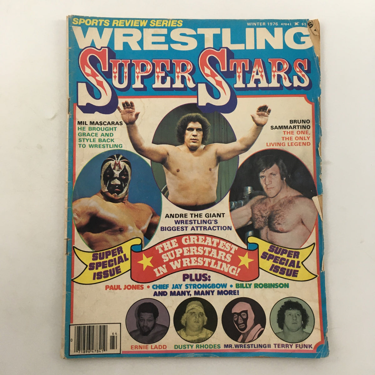 Wrestling Super Stars Magazine Winter 1976 cover featuring Andre the Giant and Bruno Sammartino, highlighting legendary wrestlers with eye-catching graphics.
