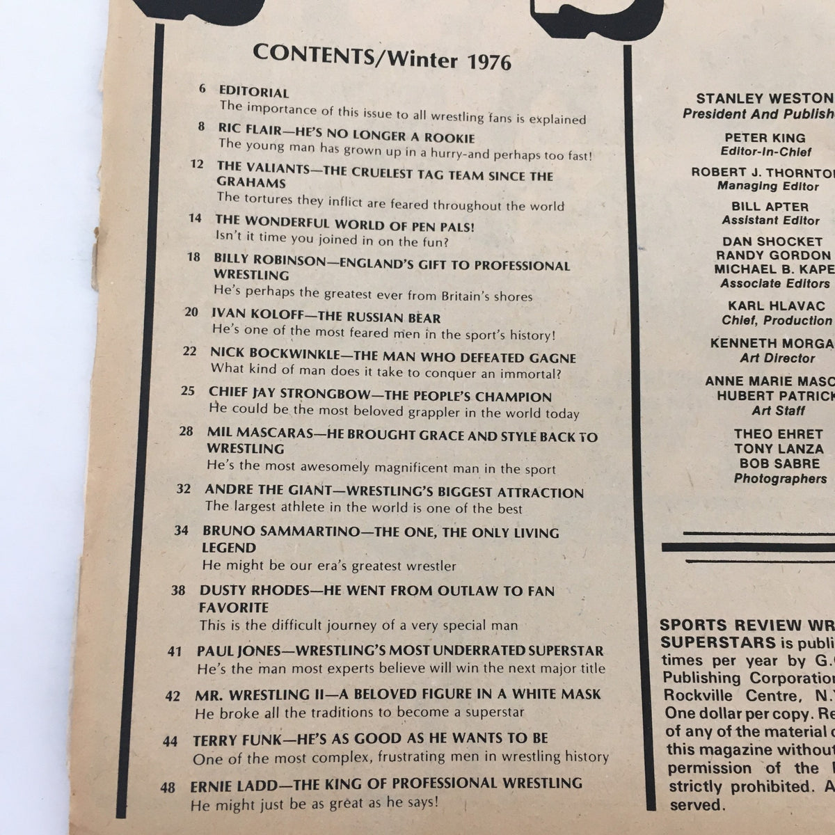 Wrestling Super Stars Magazine Winter 1976 contents page detailing articles on wrestling legends, including Andre the Giant and Bruno Sammartino.
