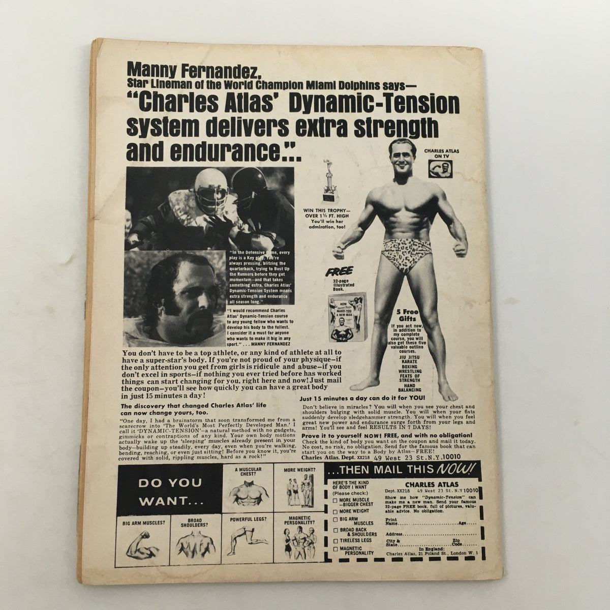 Back cover of Wrestling Super Stars Magazine Winter 1976 featuring an advertisement for Charles Atlas' Dynamic-Tension system promoting strength and endurance.