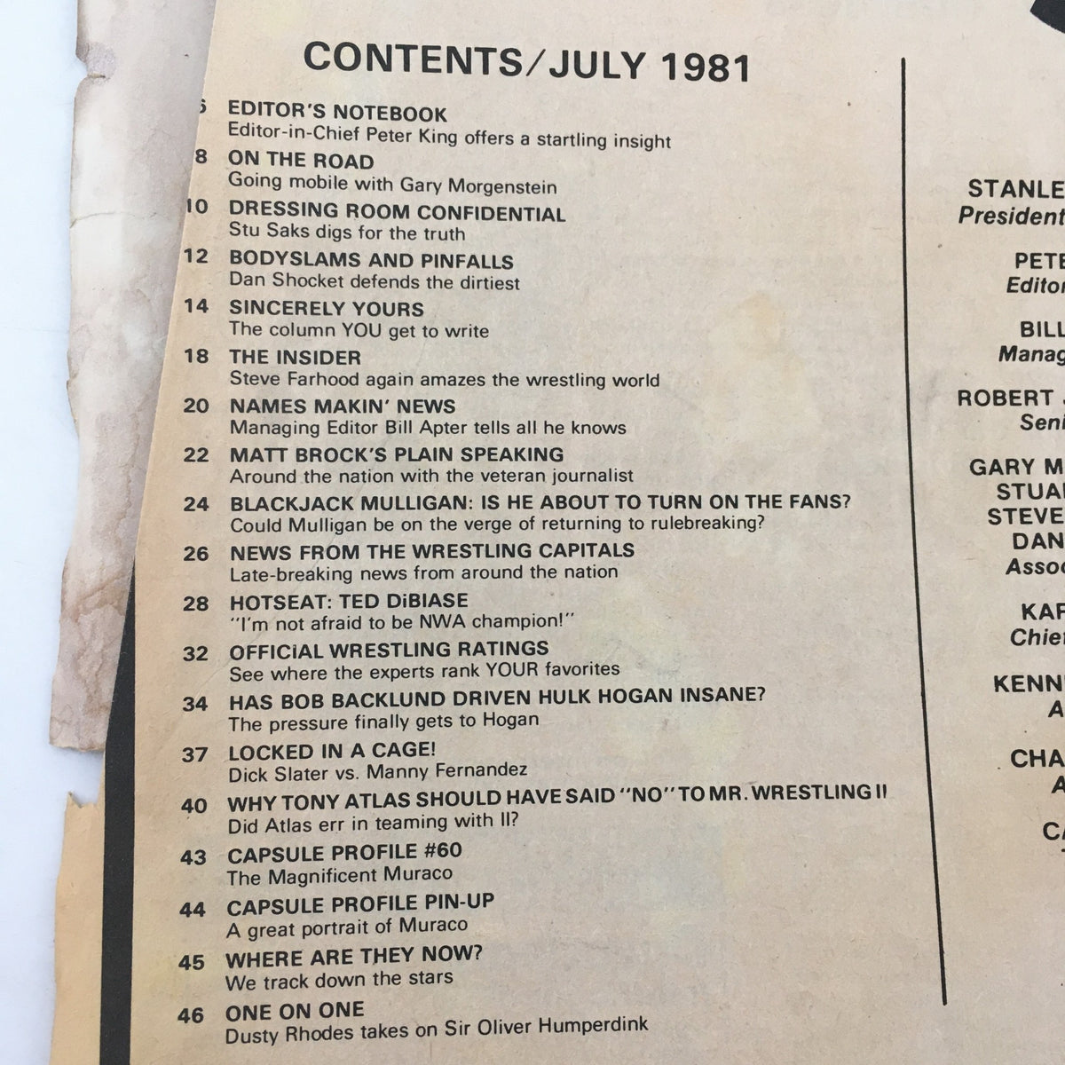 Table of contents from Inside Wrestling Magazine July 1981 outlining articles including features on Bob Backlund and Hulk Hogan.