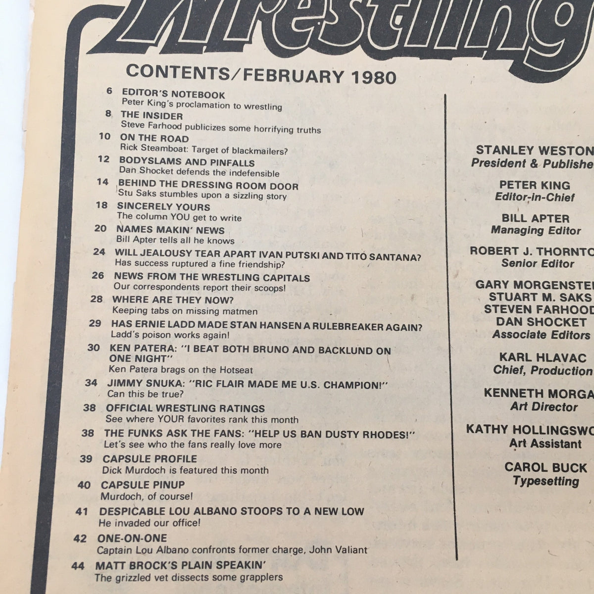 Contents page of Inside Wrestling Magazine, February 1980, featuring various articles and wrestling-related content.