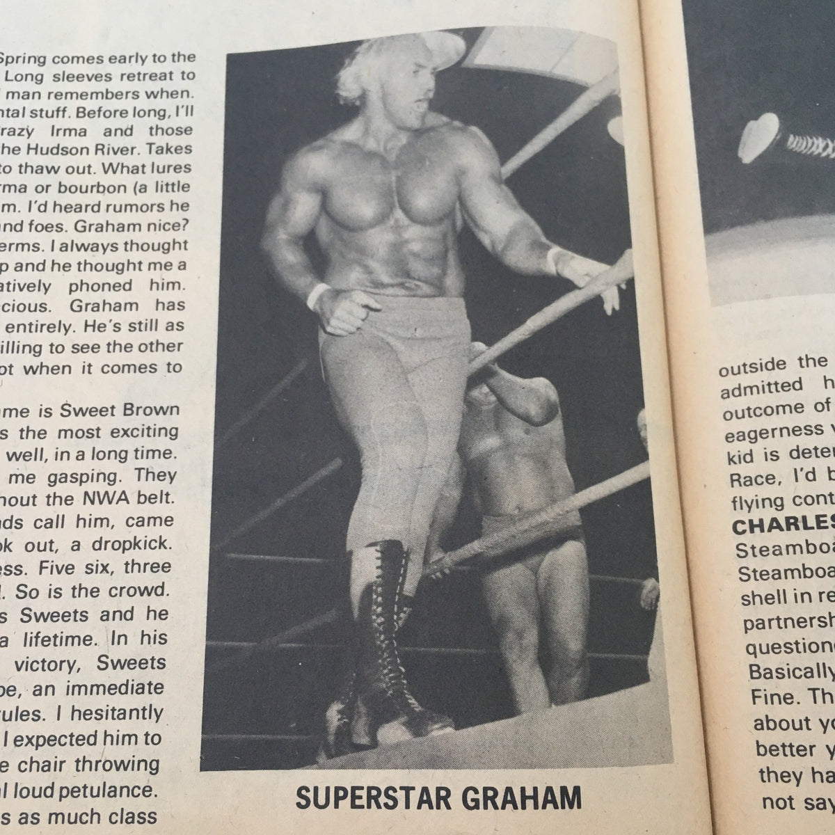Image of Superstar Graham inside the ring from Inside Wrestling Magazine, February 1980, showcasing his iconic wrestling style.