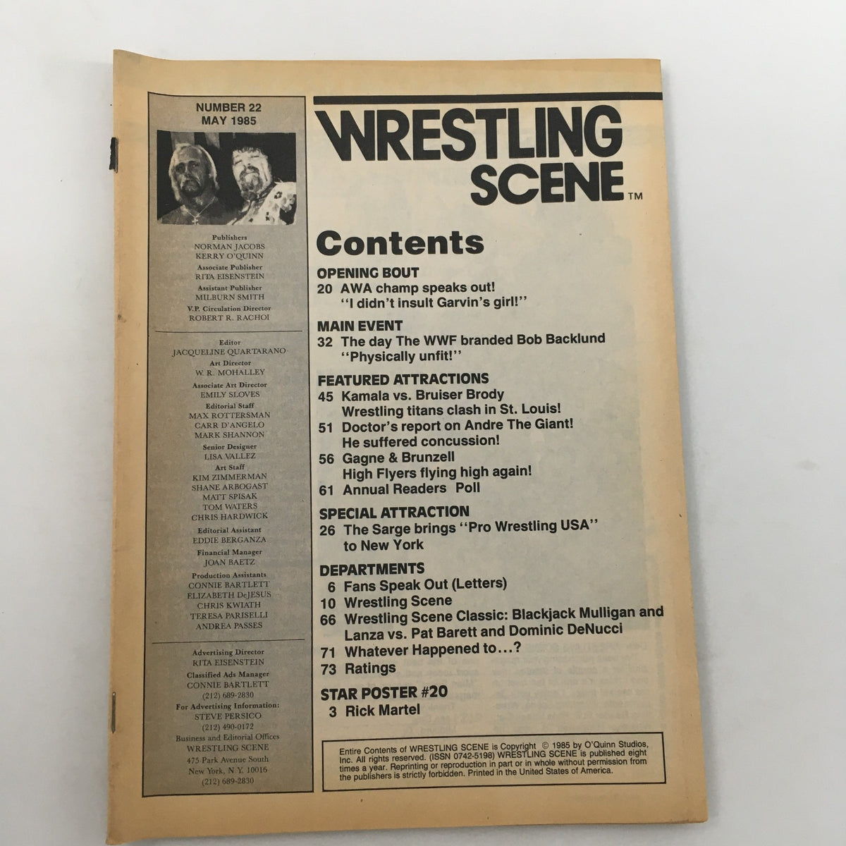 Wrestling Scene Magazine #22 May 1985 featuring contents including Andre the Giant and Hulk Hogan, AWA news, various wrestling events, and iconic wrestling figures. Condition details include wear and absence of cover, supplied with plastic protection.