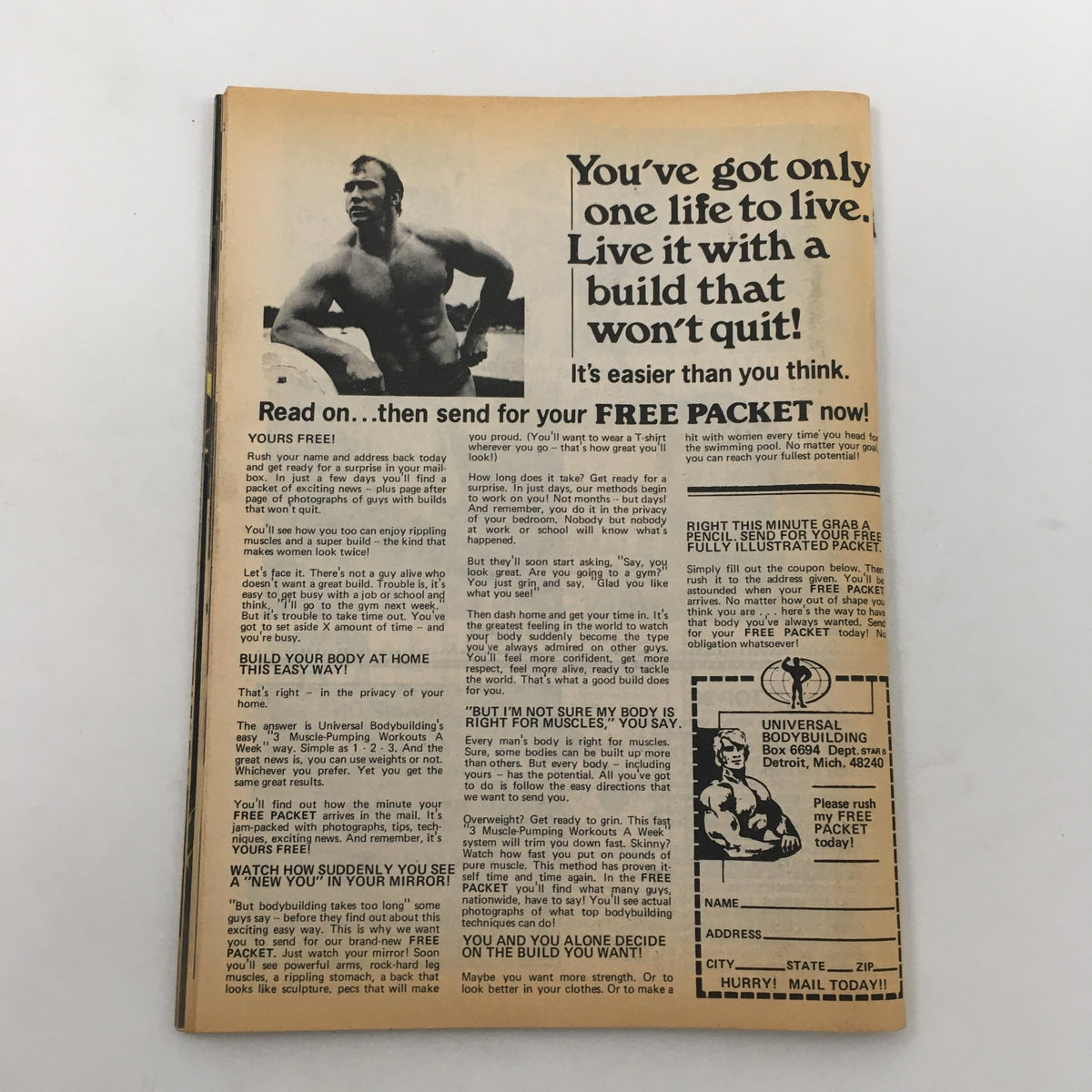 Wrestling Scene Magazine #22 May 1985 featuring a fitness advertisement. The image shows a muscular man promoting a bodybuilding program with tips on gaining strength and fitness, alongside an offer for a free packet.