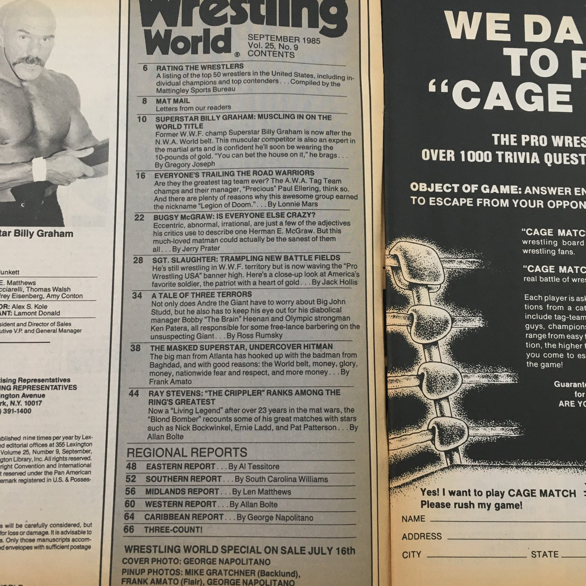 Wrestling World Magazine September 1985 interior page highlighting articles on wrestling statistics and wrestler rankings, including notable figures like Billy Graham and the Road Warriors.