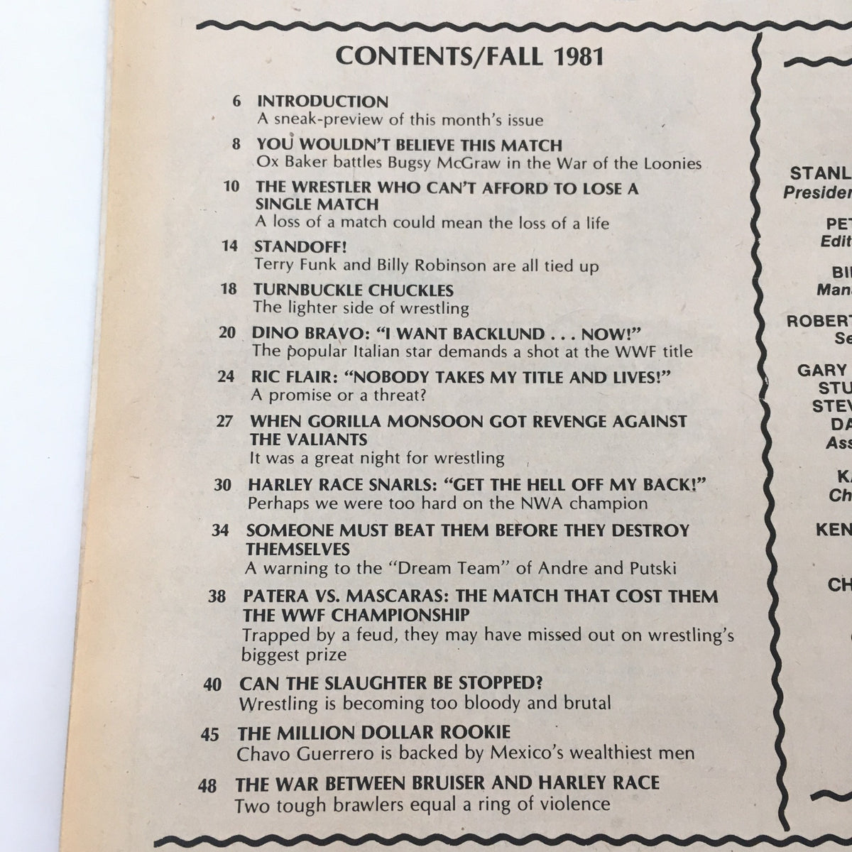 Table of contents from WWF Wrestler Magazine Fall 1981 outlining featured articles including match reviews and wrestler interviews.