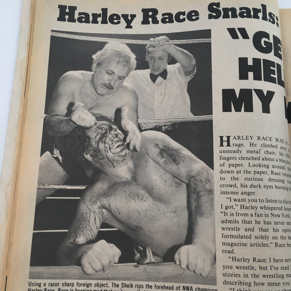Inside page of WWF Wrestler Magazine Fall 1981 featuring an article titled 'Harley Race Snarls: Get the Hell Off My Back' with an intense wrestling scene.