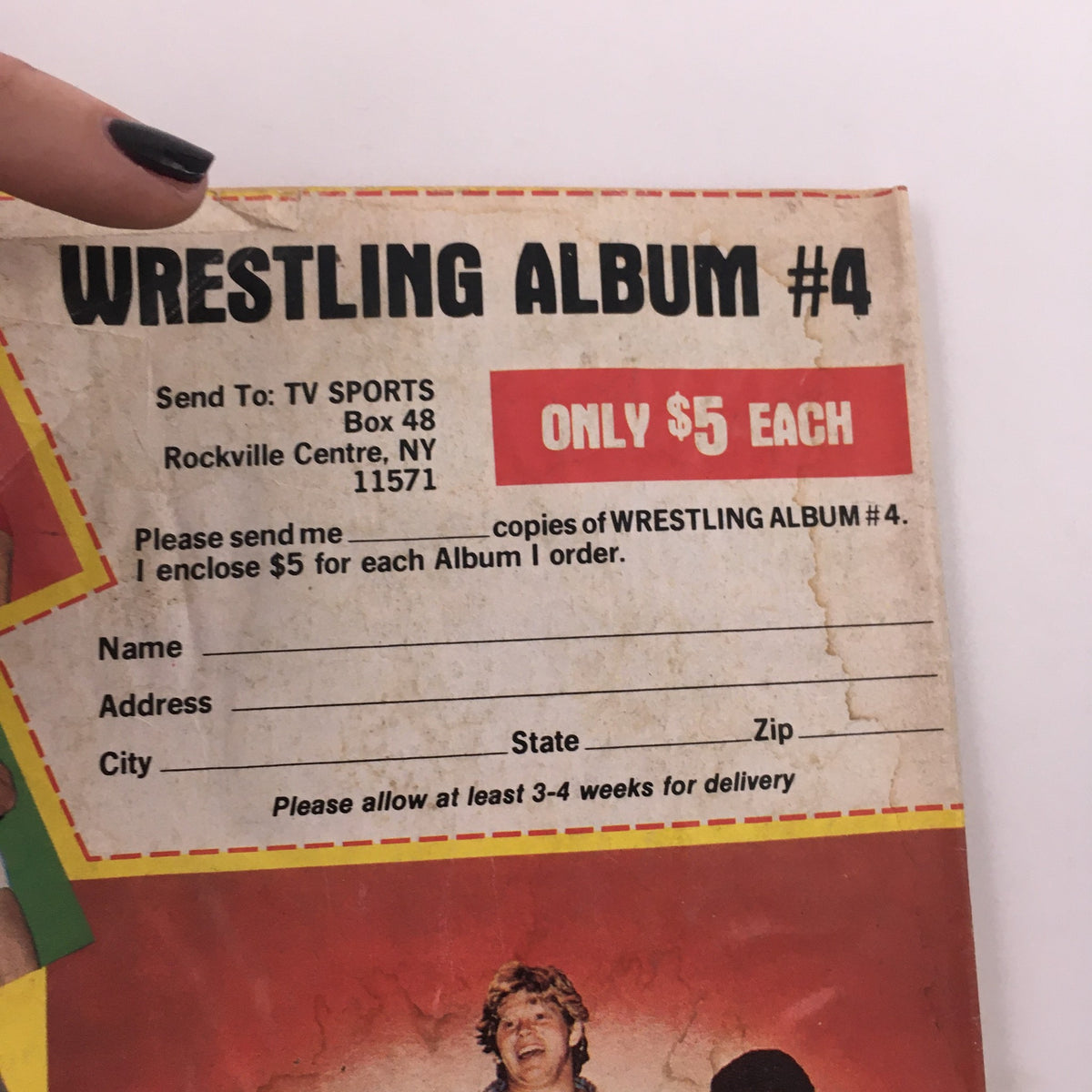 Back of WWF Wrestler Magazine Fall 1981 advertising Wrestling Album #4 for $5 each, featuring an order form with a vintage wrestling theme.