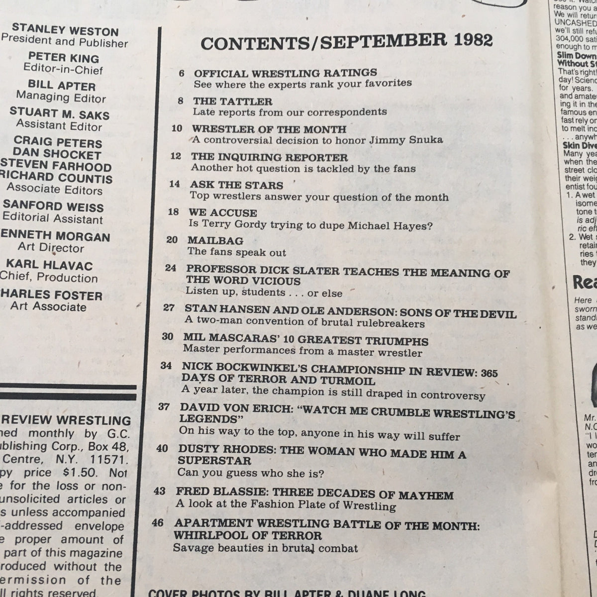 Contents page of Sports Review Wrestling Magazine - September 1982, detailing articles including profiles of wrestling legends David Von Erich and Nick Bockwinkel, along with various features and columns relevant to wrestling fans.