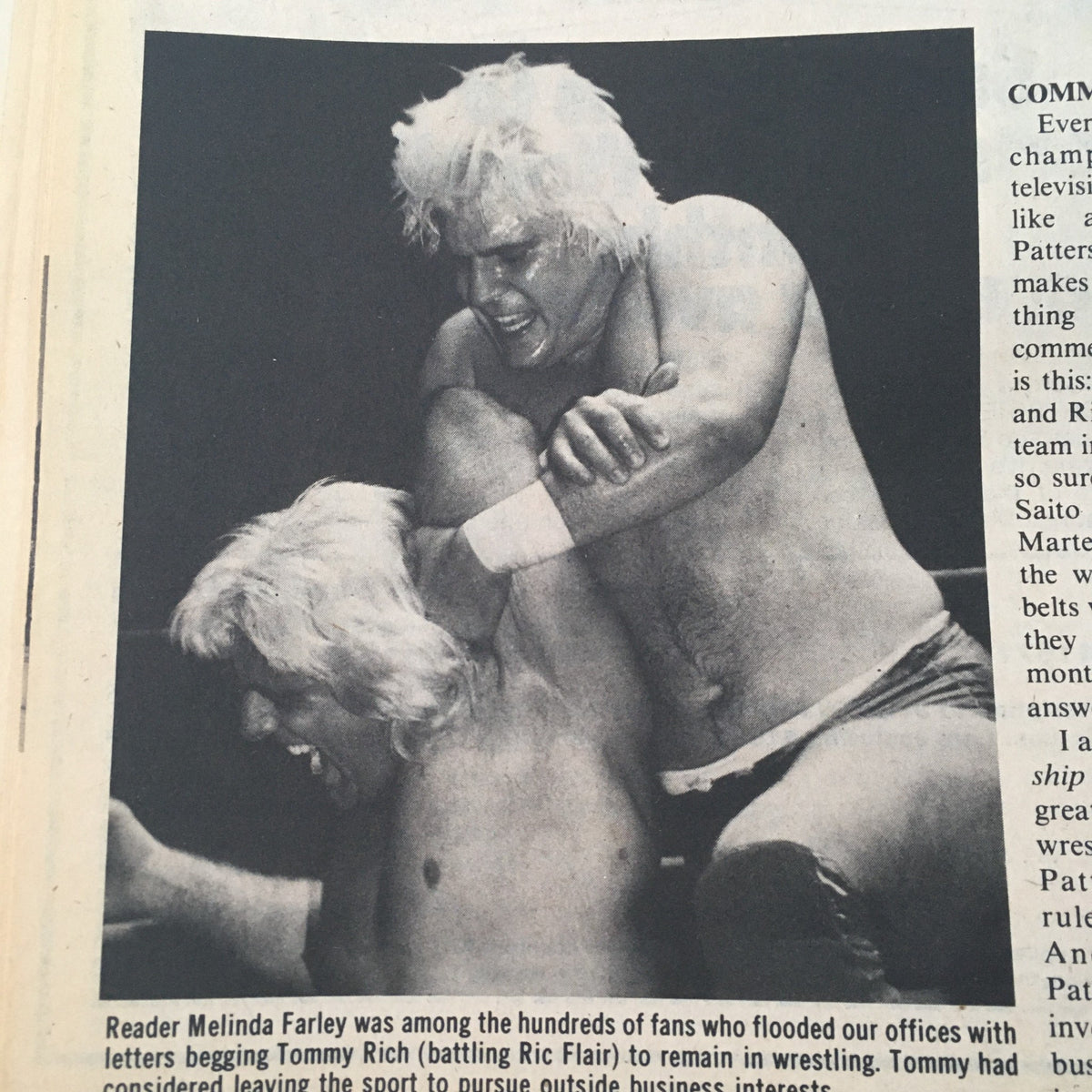 Black and white image depicting a wrestling match between Ric Flair and Tommy Rich, showcasing the action and intensity of professional wrestling. Sports Review Wrestling Magazine September 1982 David Von Erich, Nick Bockwinkel.