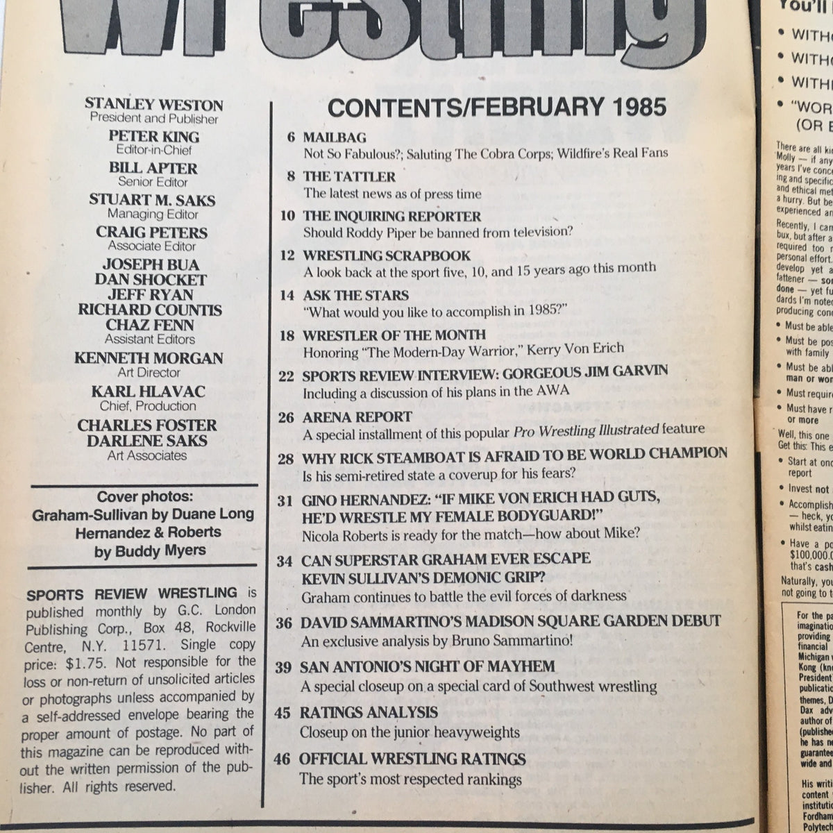 Contents page of Sports Review Wrestling Magazine February 1985, showcasing articles including an analysis of Billy Graham vs Kevin Sullivan and more wrestling features.
