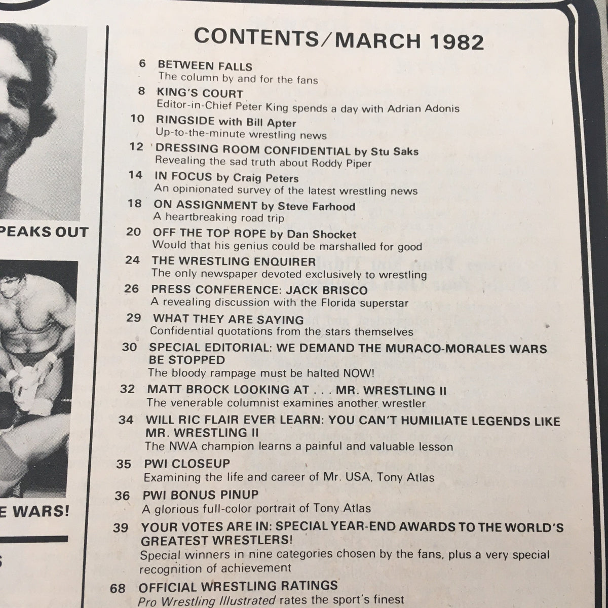 Contents page of Pro Wrestling Illustrated Magazine March 1982, showcasing articles and features including insights on famous wrestlers, a special editorial, and a pinup of Tony Atlas.