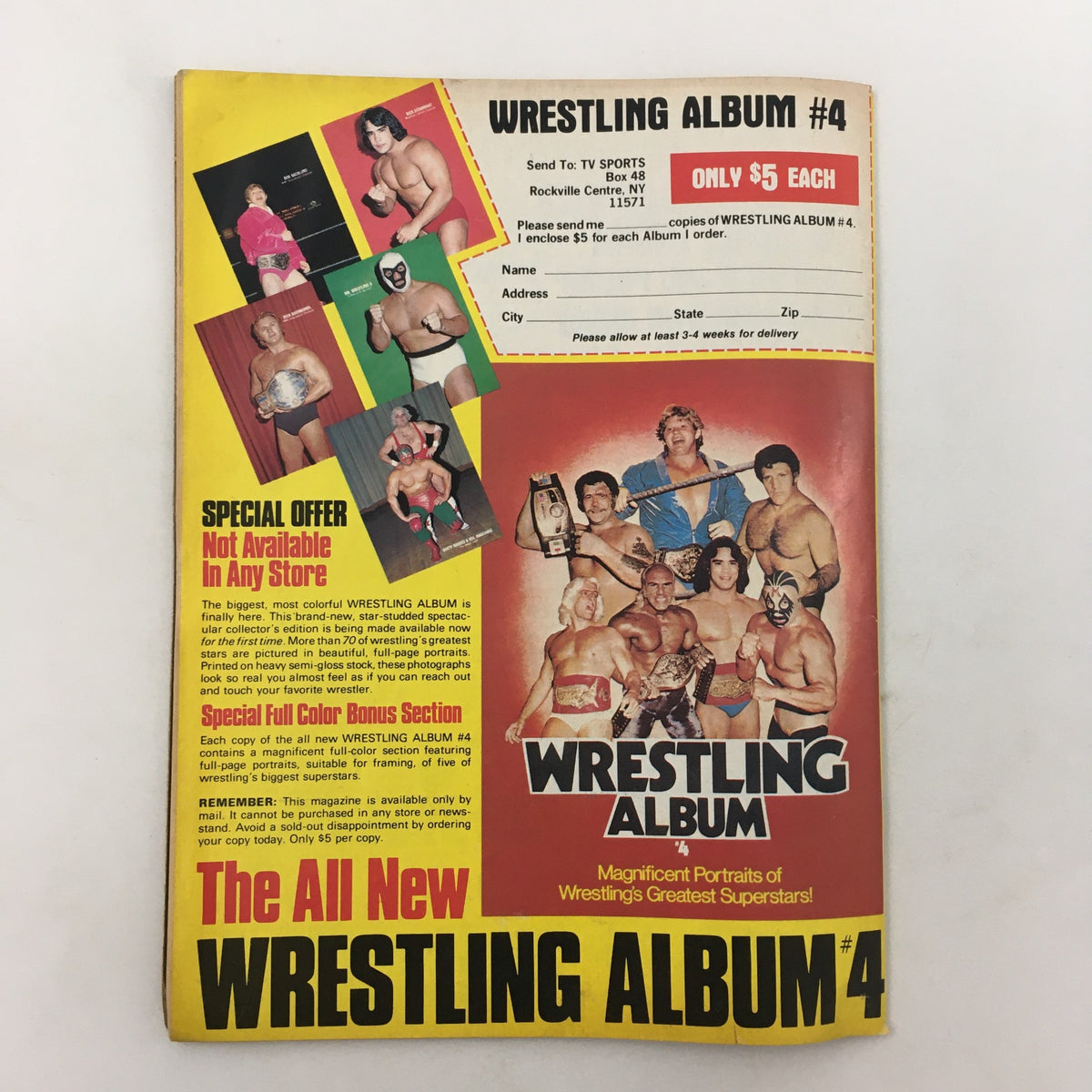 Cover of Pro Wrestling Illustrated Magazine March 1982 featuring the iconic matchup of Andre the Giant vs Killer Khan, with promotional details for Wrestling Album #4.