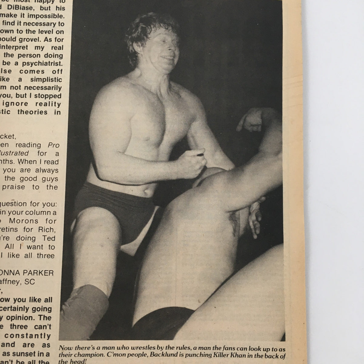Page from Pro Wrestling Illustrated Magazine March 1982 depicting a wrestling match scene, showing the wrestler Bob Backlund in action against Killer Khan.