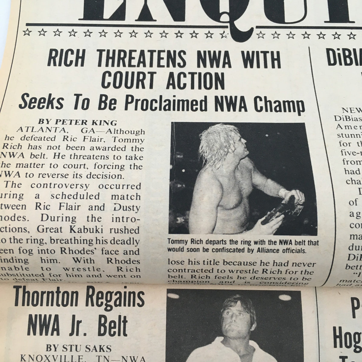 Article page from Pro Wrestling Illustrated Magazine March 1982 discussing Tommy Rich's threats to take NWA to court for championship recognition, with images of Tommy Rich.