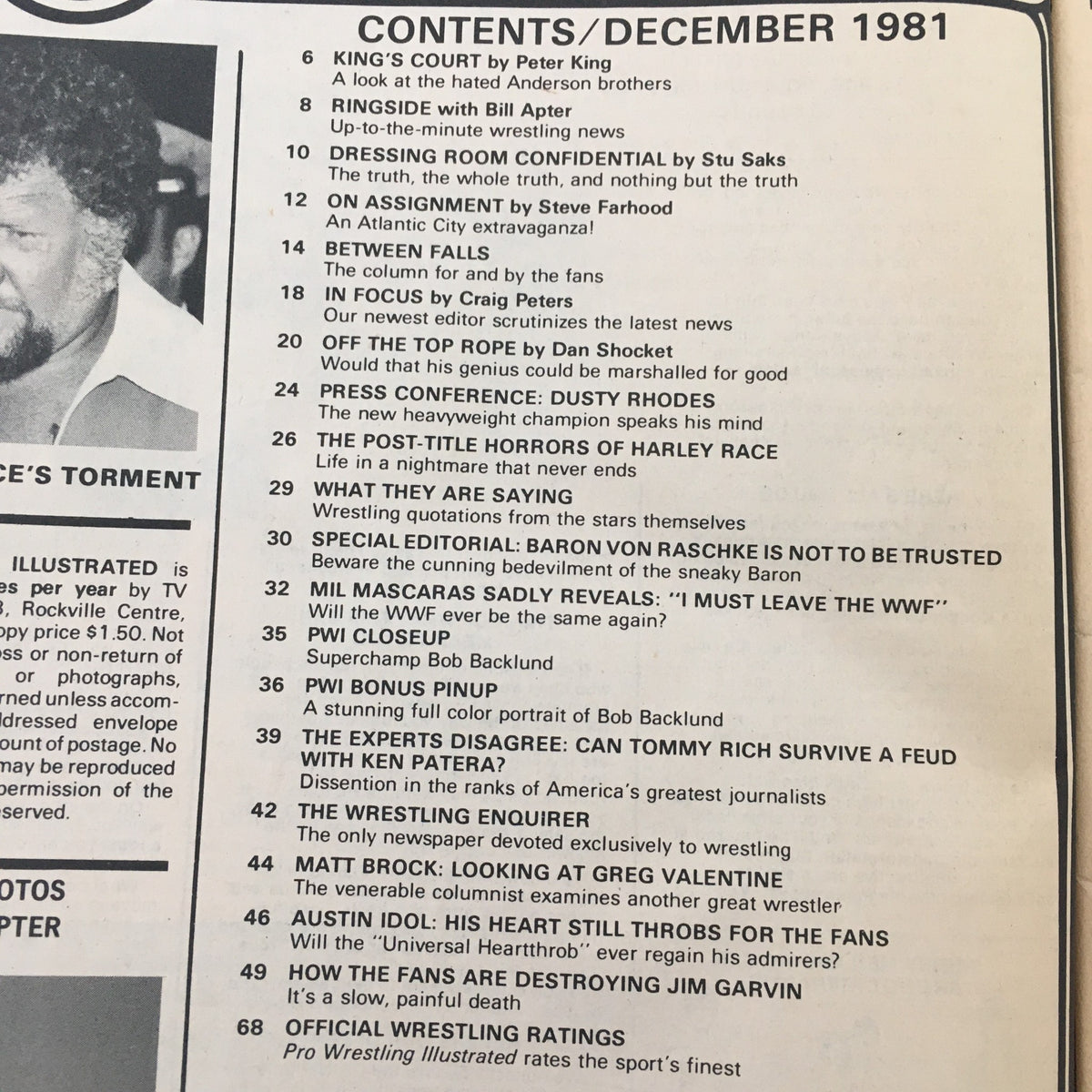 Contents page of Pro Wrestling Illustrated Magazine December 1981, detailing articles and features including Tommy Rich and Ken Patera.