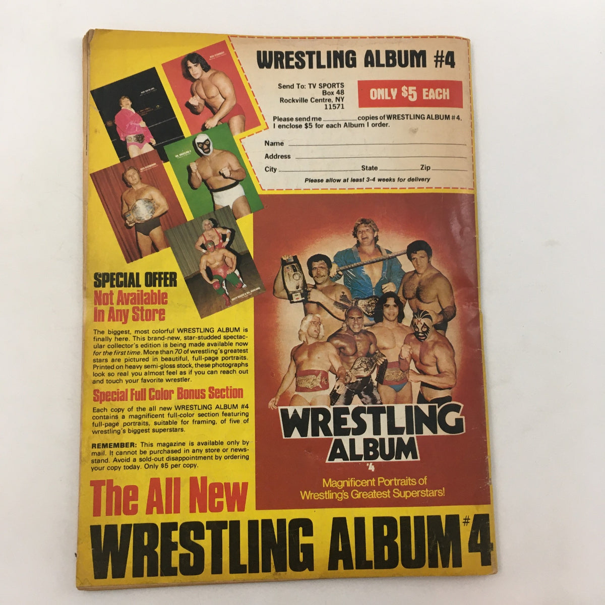 Back cover of Pro Wrestling Illustrated Magazine December 1981 advertising Wrestling Album #4, featuring notable wrestling superstars.