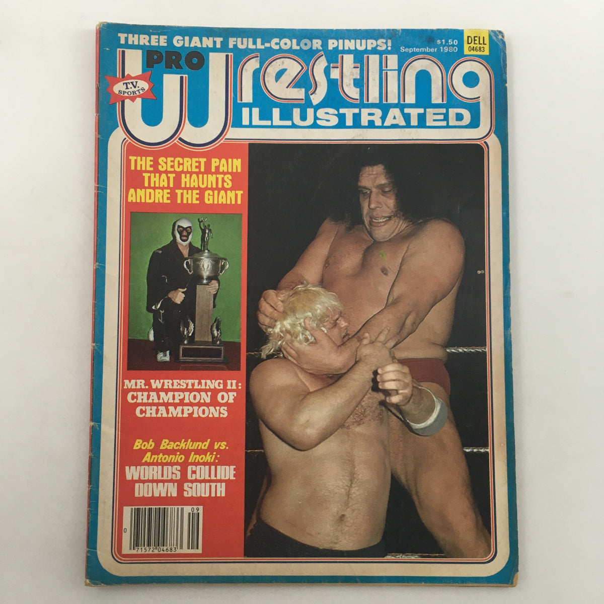 Pro Wrestling Illustrated Magazine September 1980 cover featuring Andre the Giant and Hulk Hogan showcasing an iconic wrestling moment, with additional highlights of features inside.