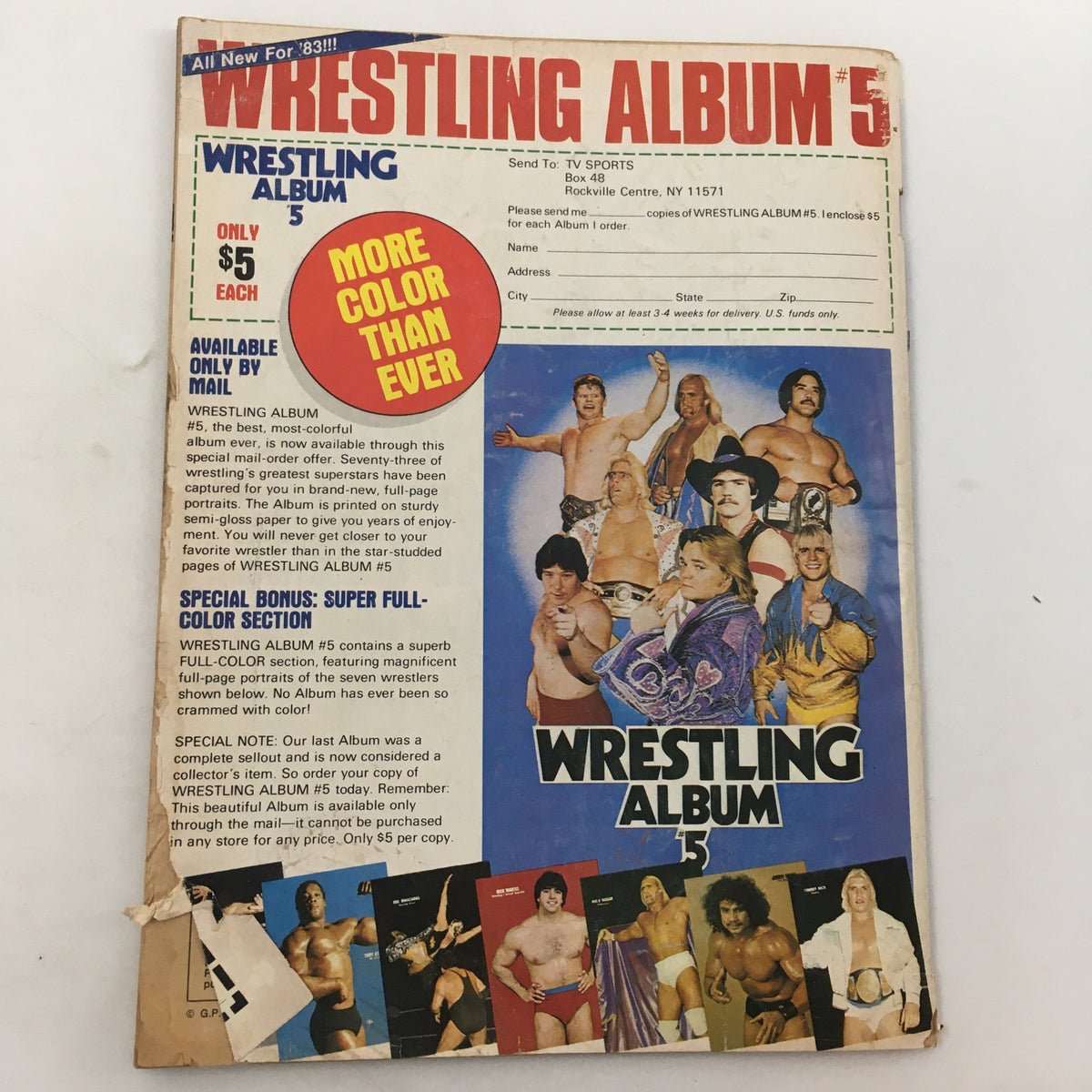 Back cover of Pro Wrestling Illustrated Magazine April 1983 showcasing Wrestling Album #5 advertisement with colorful images of popular wrestlers.