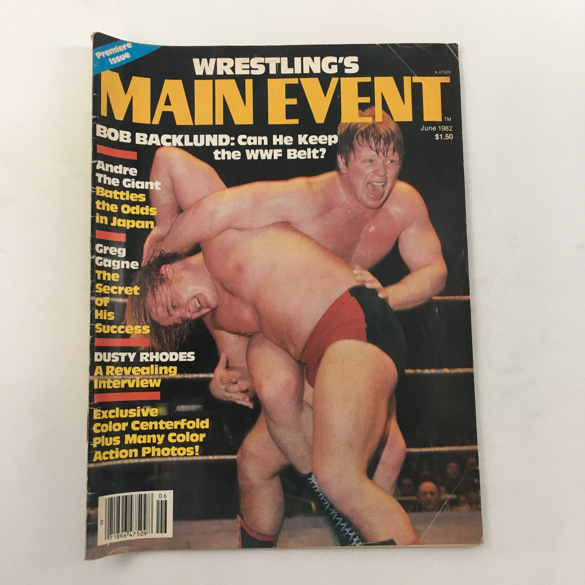 Cover of Wrestling's Main Event Magazine June 1982 featuring Bob Backlund in a wrestling match, highlighting the iconic figures of wrestling history.