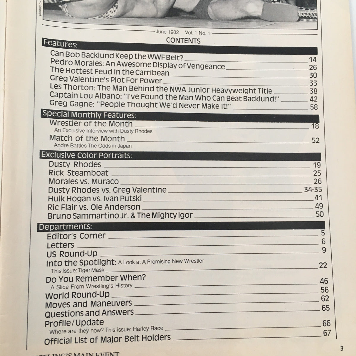 Inside contents page of Wrestling's Main Event Magazine June 1982, listing features and articles about Bob Backlund and wrestling legends.