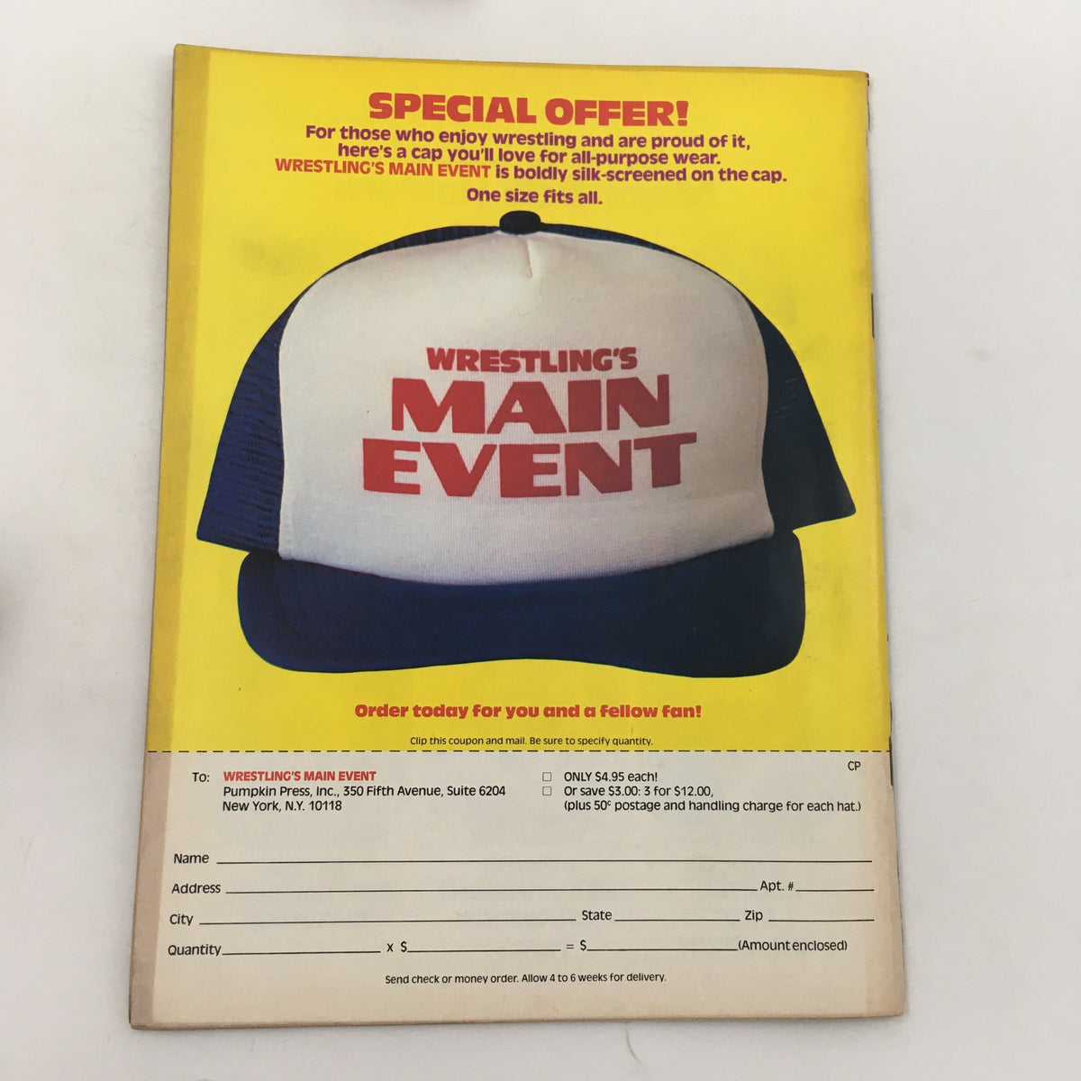 Back cover of Wrestling's Main Event Magazine June 1982 promoting a special cap offer with the magazine's branding, targeted at wrestling fans.