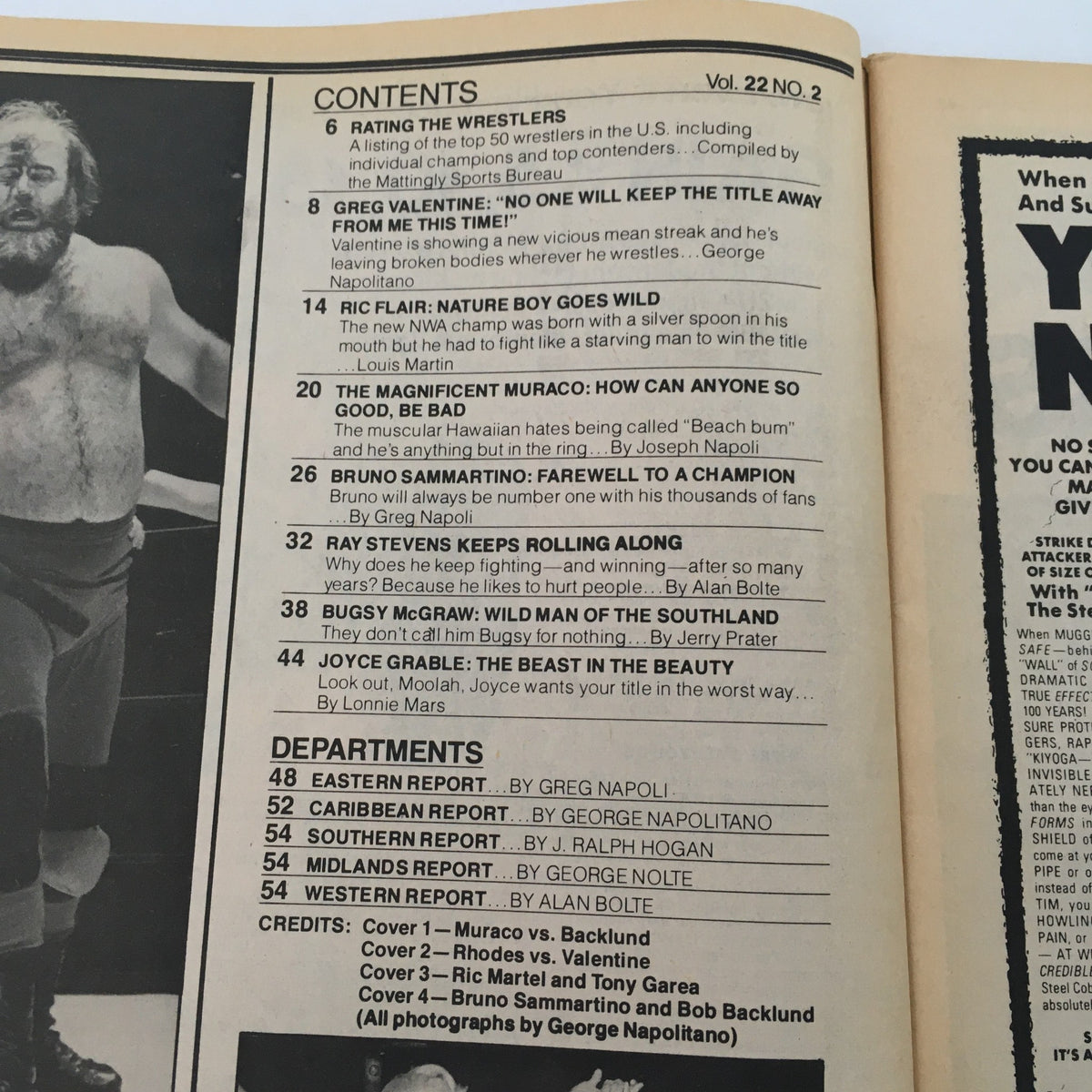 Table of contents from Wrestling World Magazine 1982 showcasing articles on Greg Valentine, Ric Flair, and Bruno Sammartino amidst other wrestling features.