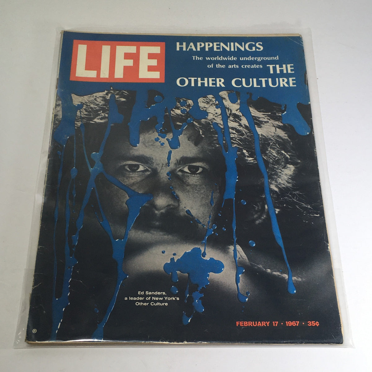 Cover of VTG Life Magazine: February 17 1967 - Underground Art Creates The Other Culture featuring a striking design with blue paint splatters and a close-up of Ed Sanders, a prominent figure in New York's art scene.
