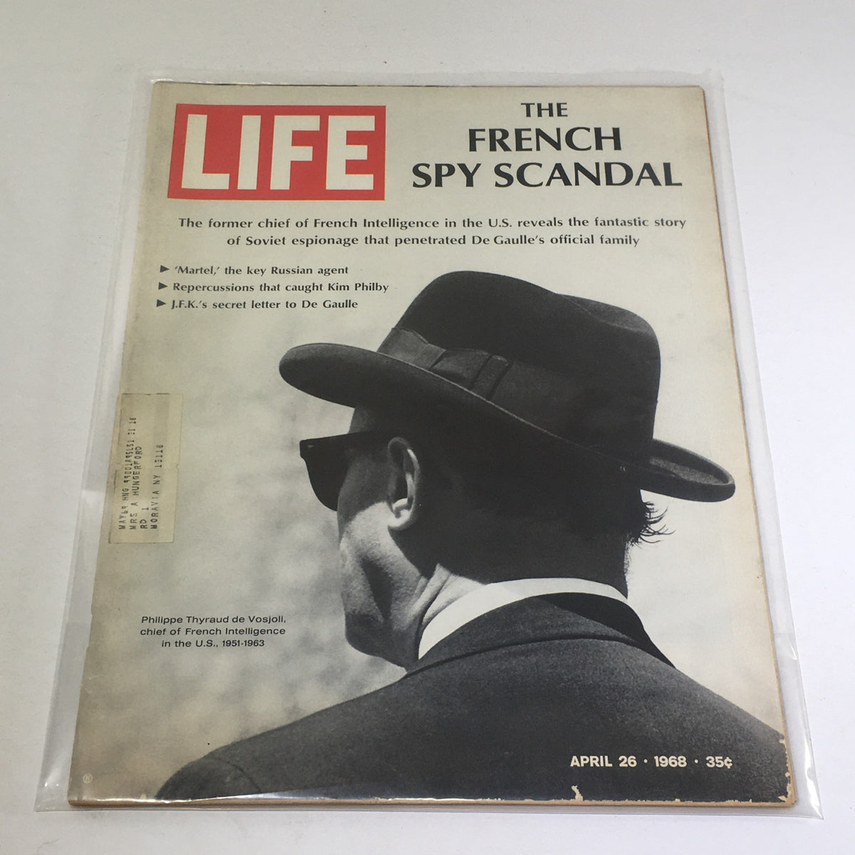 VTG Life Magazine Cover - April 26, 1968 featuring 'The French Spy Scandal' and exploring JFK's secret letter to De Gaulle, depicting a shadowy figure in a hat and sunglasses.