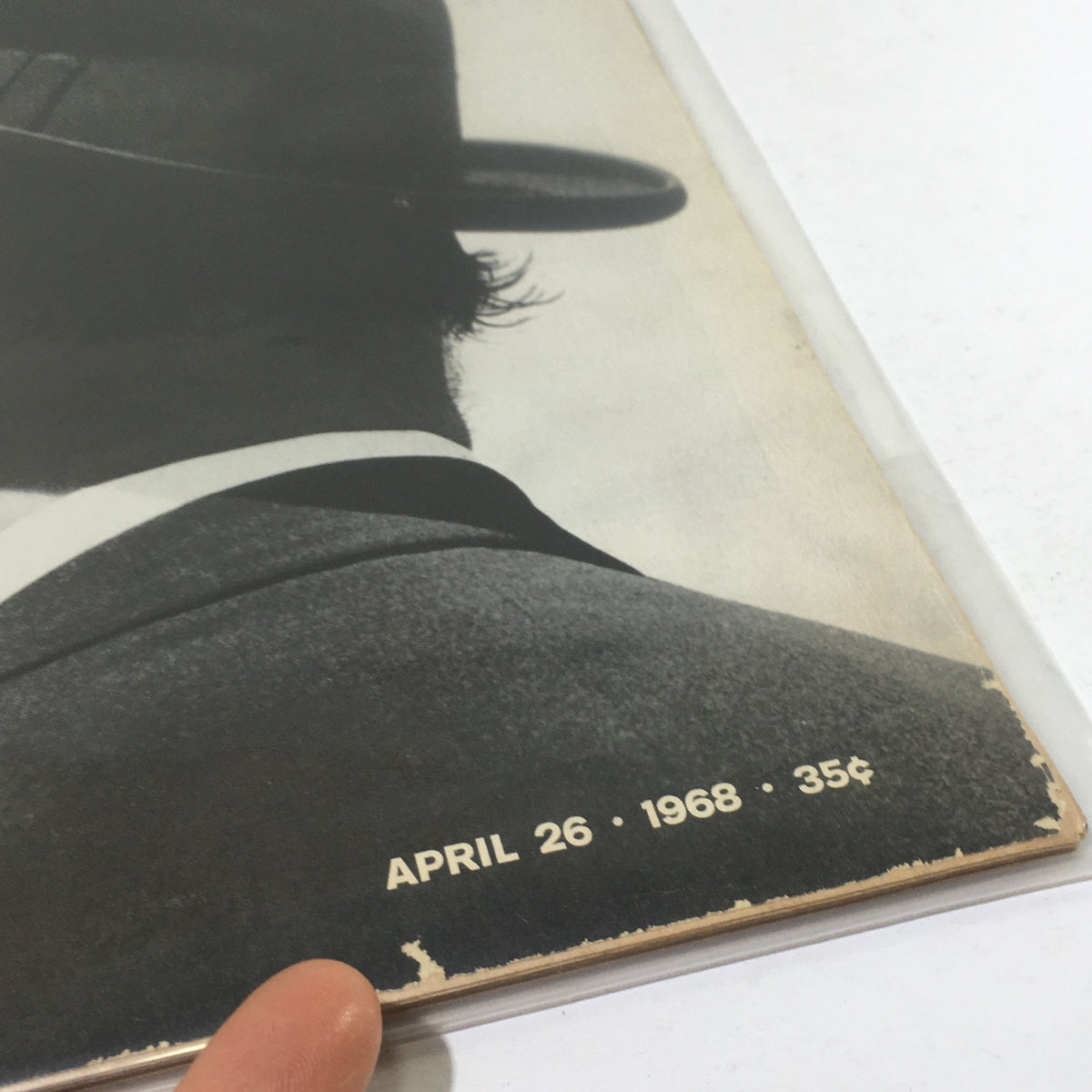 Close-up of the cover detail of VTG Life Magazine from April 26, 1968, featuring the date prominently displayed alongside vintage wear on the magazine's edges.
