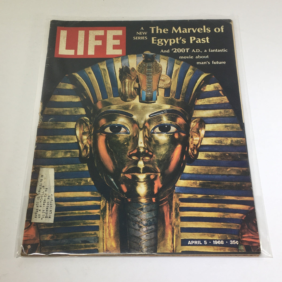 Vintage Life Magazine cover from April 5, 1968, featuring '2001' A.D. A fantastic movie about man's future, with a striking image of a golden pharaoh mask and bold text highlighting the Marvels of Egypt's Past.