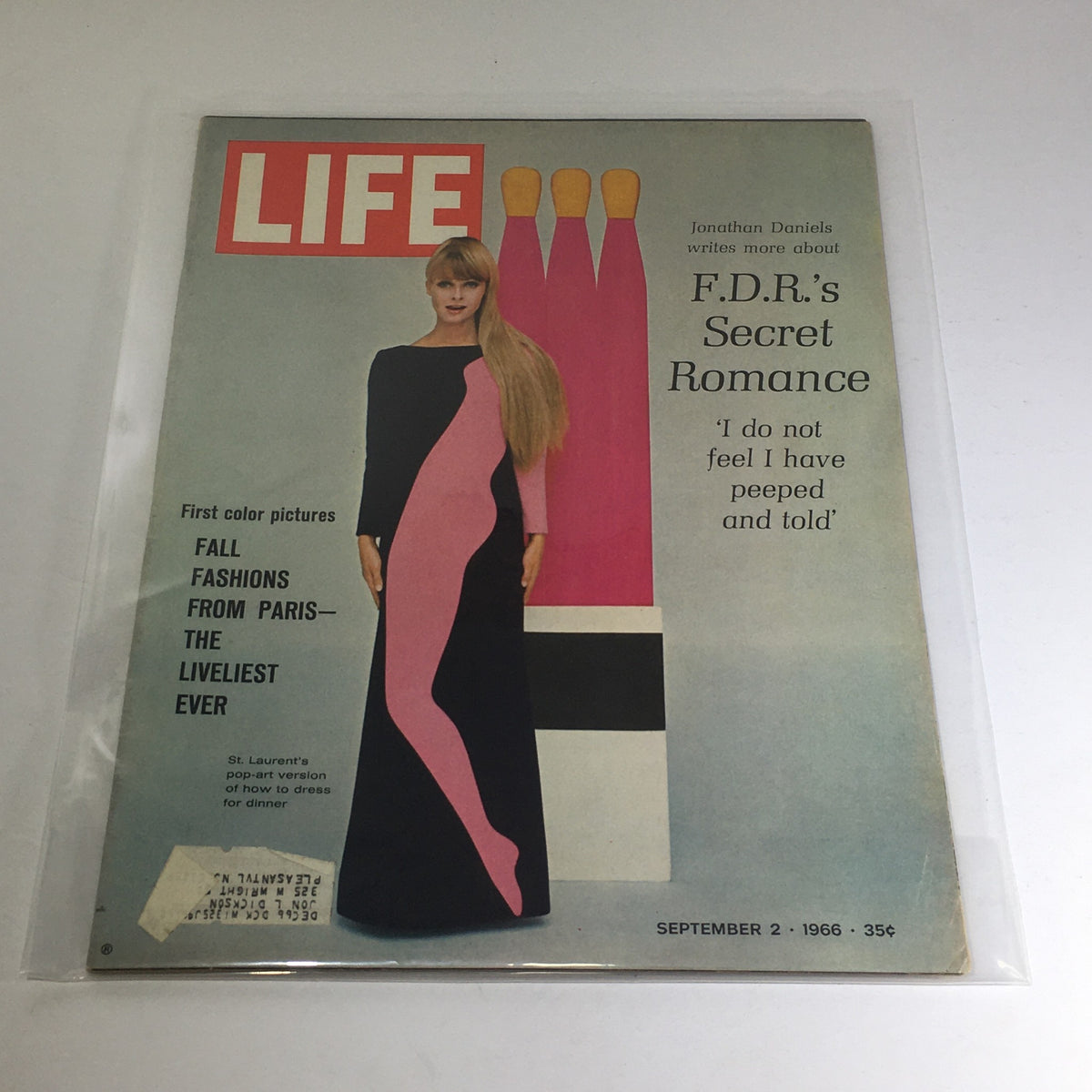 Cover of VTG Life Magazine: September 2 1966 featuring 'F.D.R's Secret Romance' by Jonathan Daniels, showcasing a model in a vibrant dress with pink and black patterns, styled with long hair, capturing the fashion and journalism of the 1960s.
