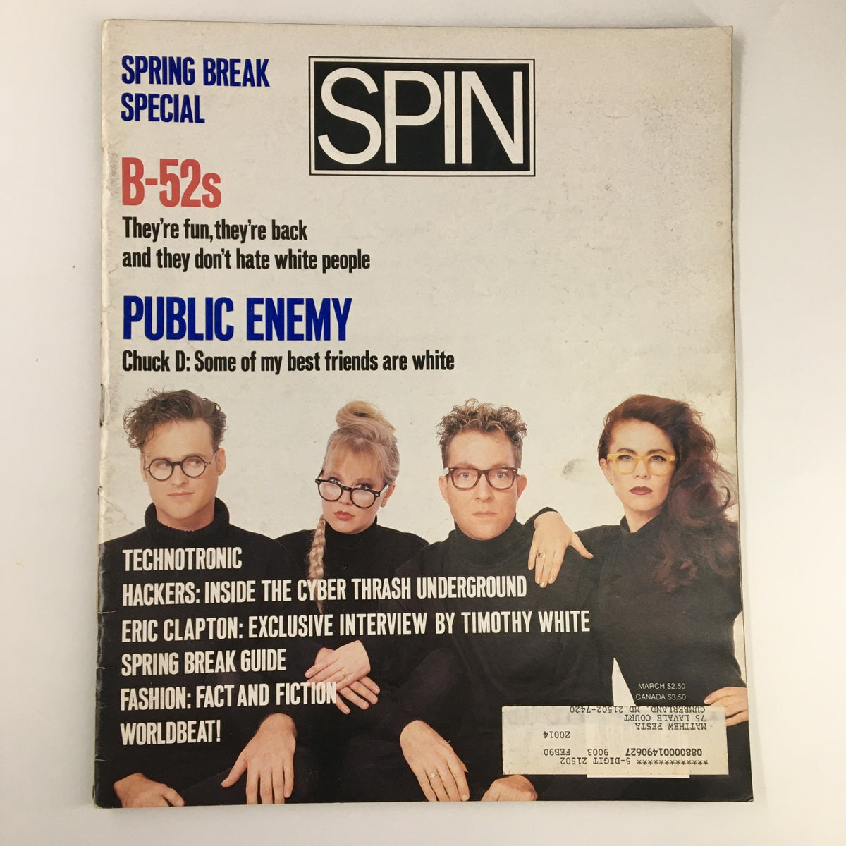 VTG Spin Magazine March 1990 Vol 5 #12 Cover featuring Chuck D, Technotronic, and Eric Clapton, showcasing music culture from the early '90s.