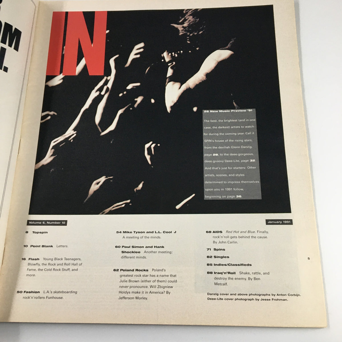 Inside page of Spin Magazine January 1991 Vol 6 #10 showcasing the table of contents and features such as Mike Tyson, L.L. Cool J, and Hank Shocklee.