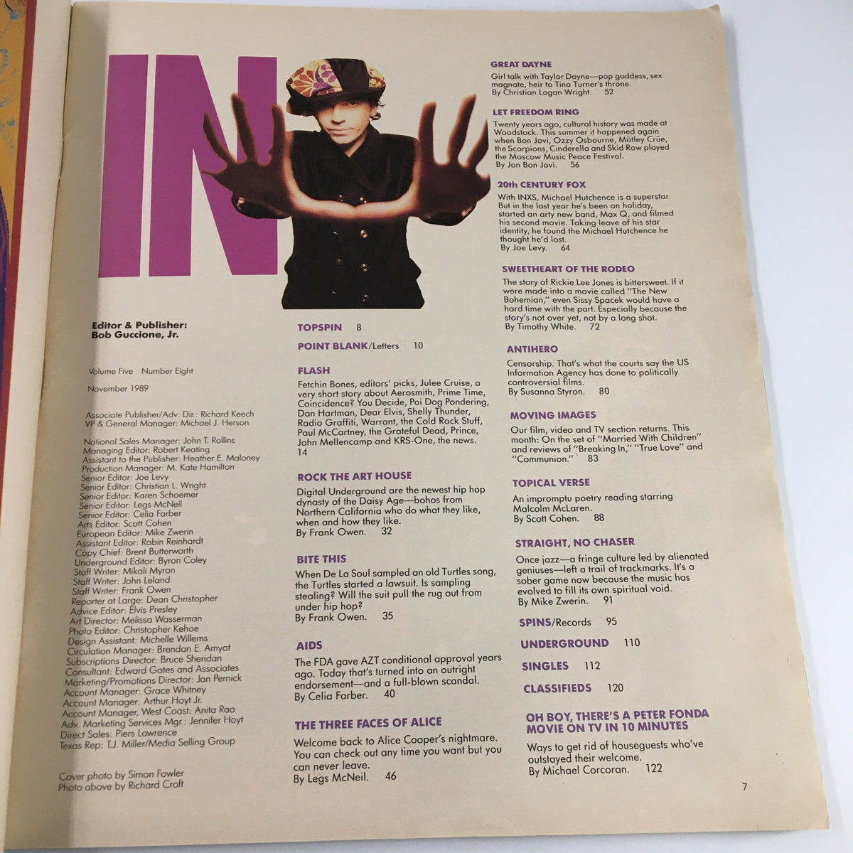 Inside page of Spin Magazine November 1989 Volume 5 Issue 8, featuring editor notes and contents including articles on notable musicians.