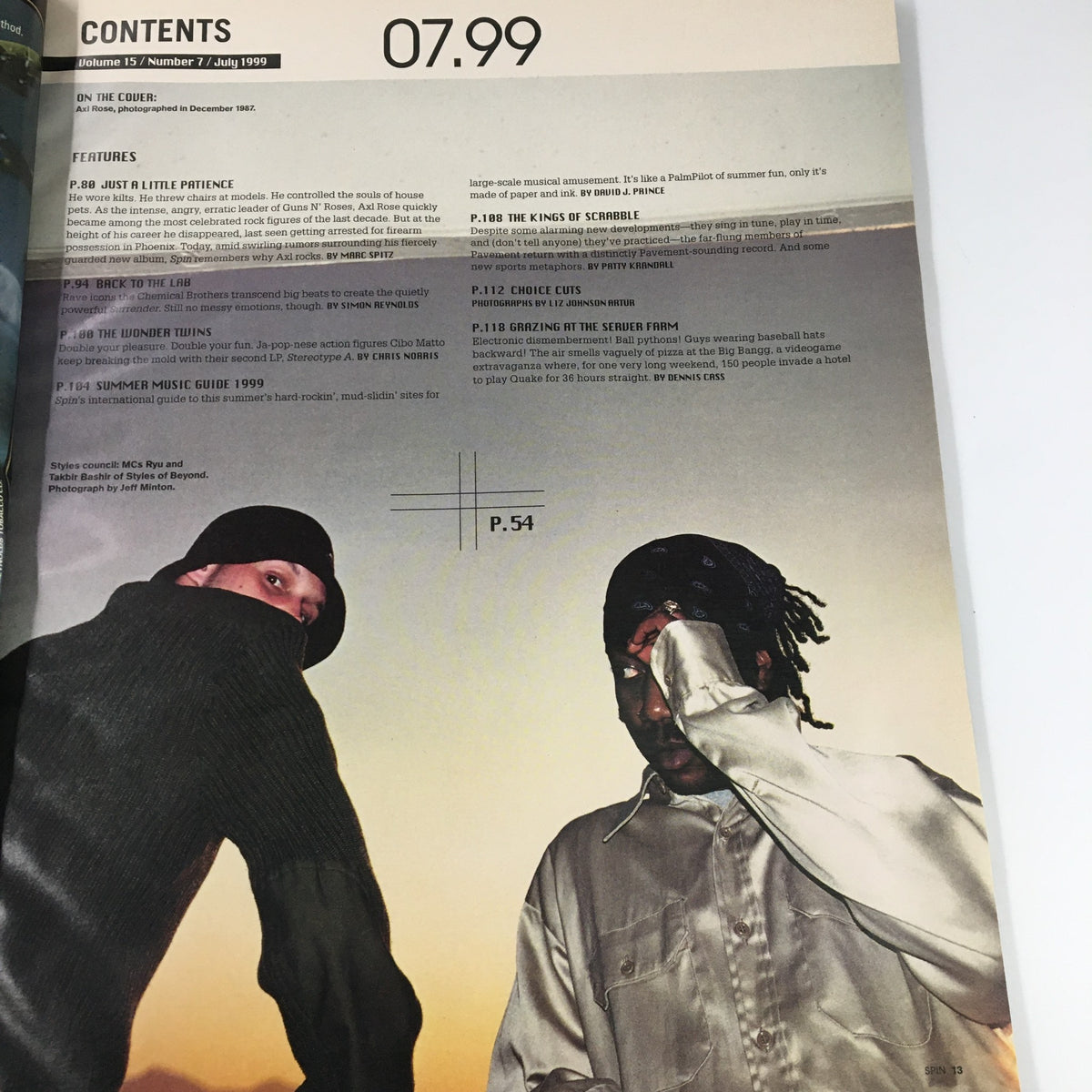 Contents page of Spin Magazine July 1999, with a feature on Axl Rose and images illustrating various articles and sections.