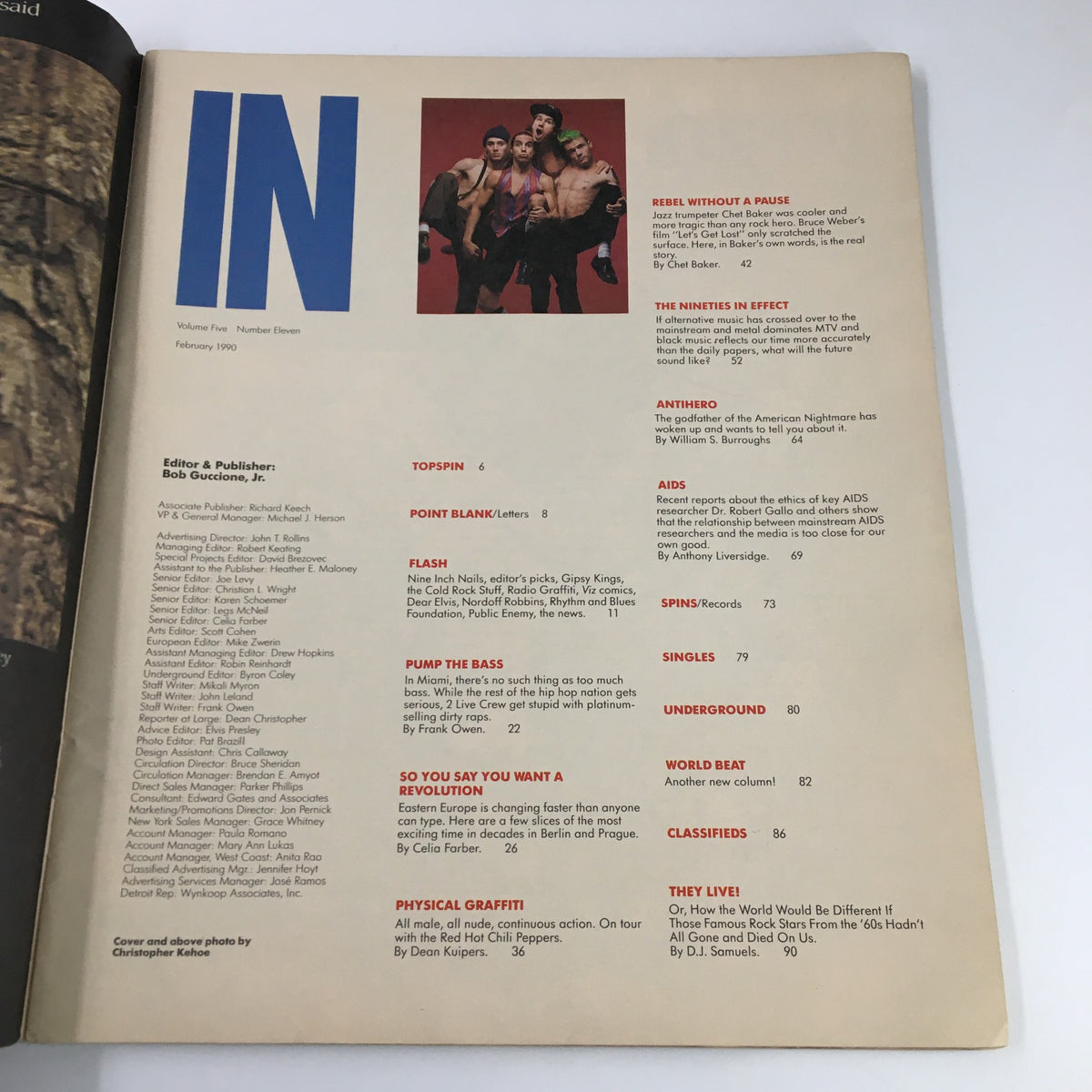 Inside page of Spin Magazine February 1990 showing the contents with notable mentions related to music trends and culture, including Flea and Red Hot Chili Peppers.