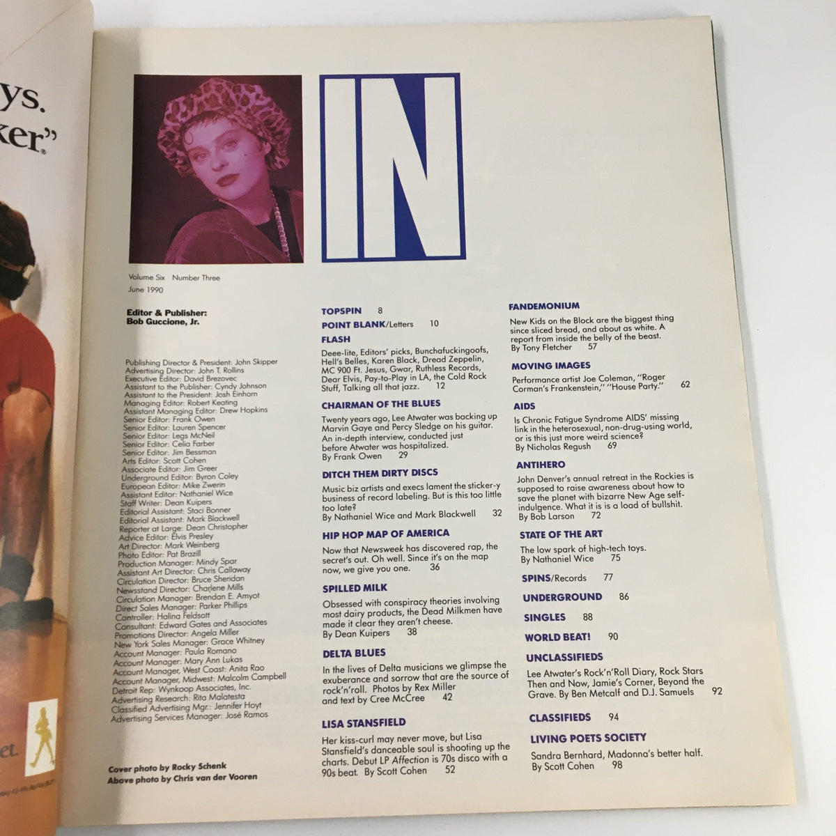 Interior page from Spin Magazine June 1990 Vol 6 #3 featuring a content list including Lisa Stansfield's article, editorial details, and music-related segments, reflecting the cultural landscape of the 90s.