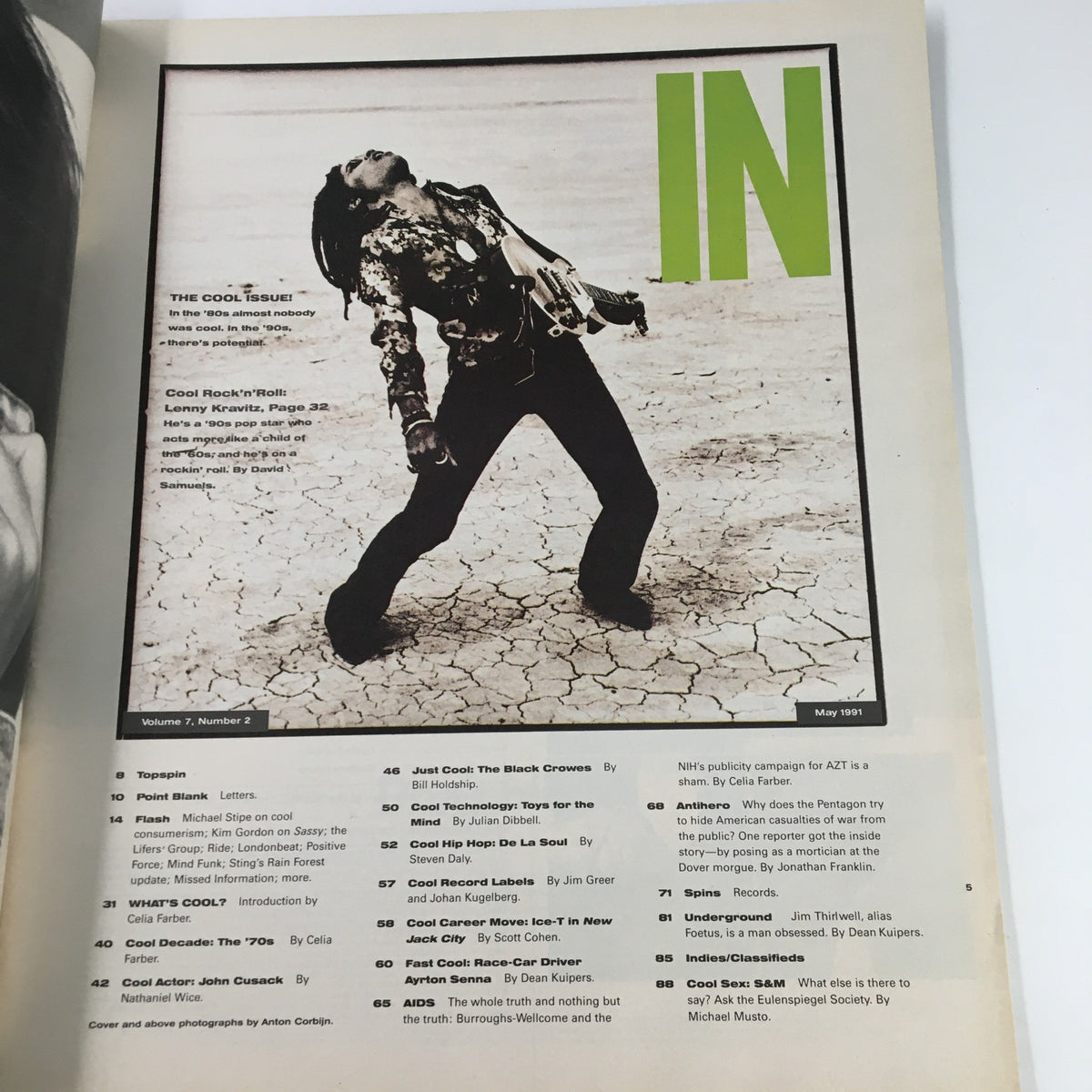 Inside page of Spin Magazine May 1991, showcasing Lenny Kravitz in a powerful pose with details about the magazine's articles including a feature on the Black Crowes. This page captures the essence of the early '90s rock scene.