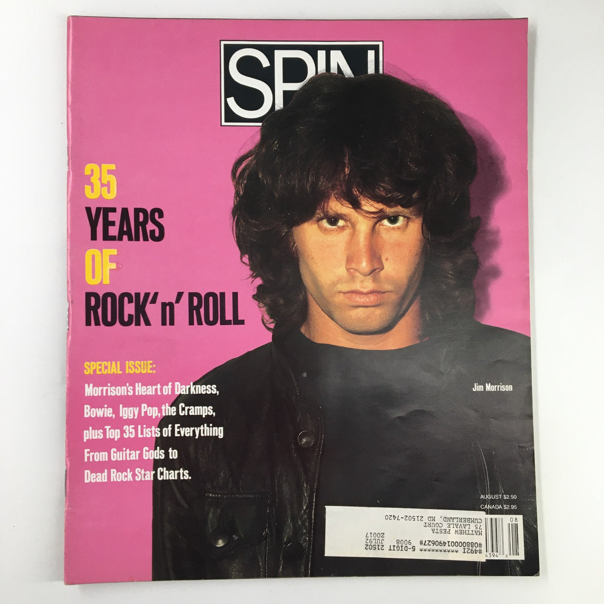 Spin Magazine August 1990 Vol 6 #5 featuring Jim Morrison on the cover with the title '35 Years of Rock 'n' Roll', showcasing the special issue on Morrison's 'Heart of Darkness'.