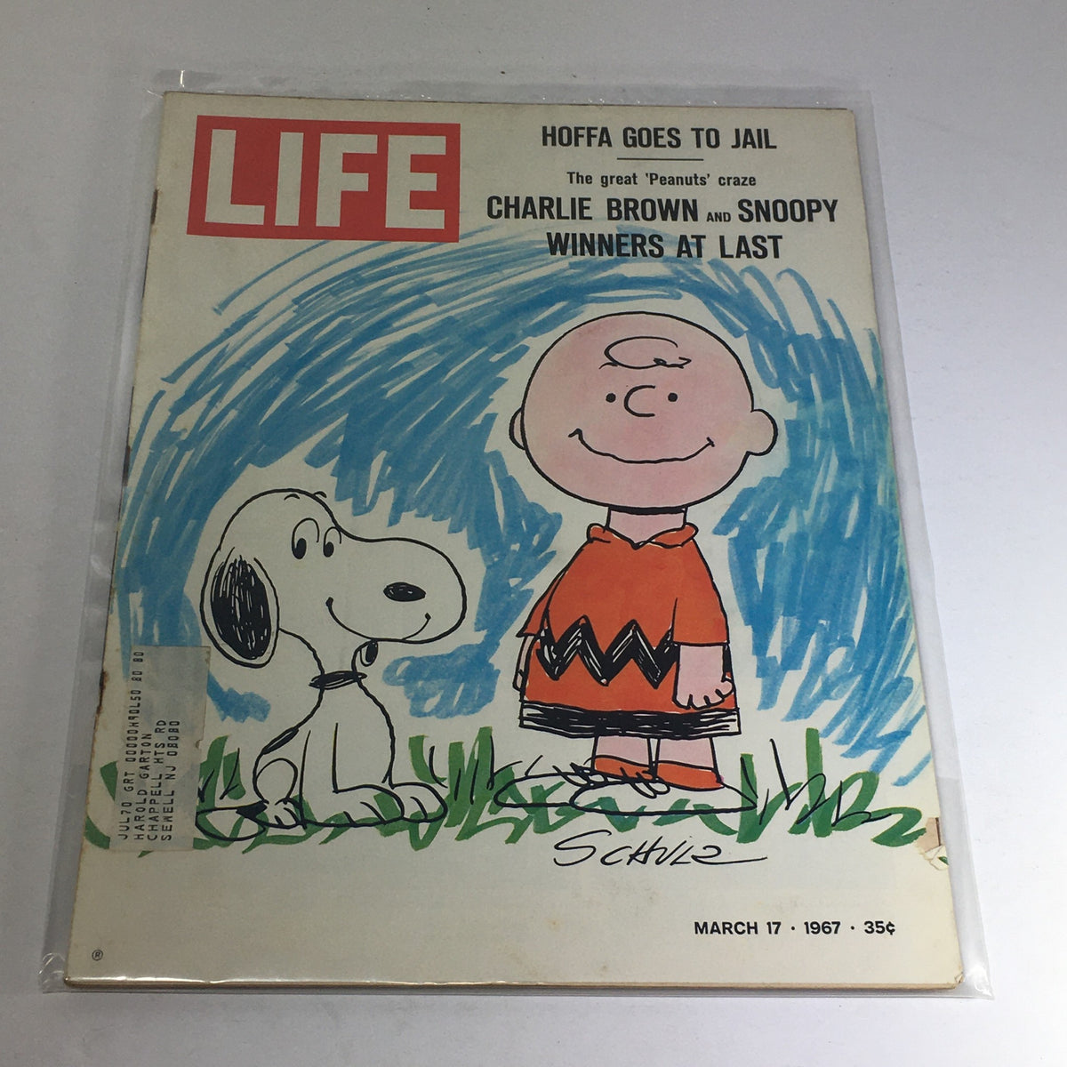Vintage Life Magazine cover from March 17, 1967, featuring Charlie Brown and Snoopy with the headline 'Winners At Last.' The illustration highlights their iconic friendship in a colorful design.