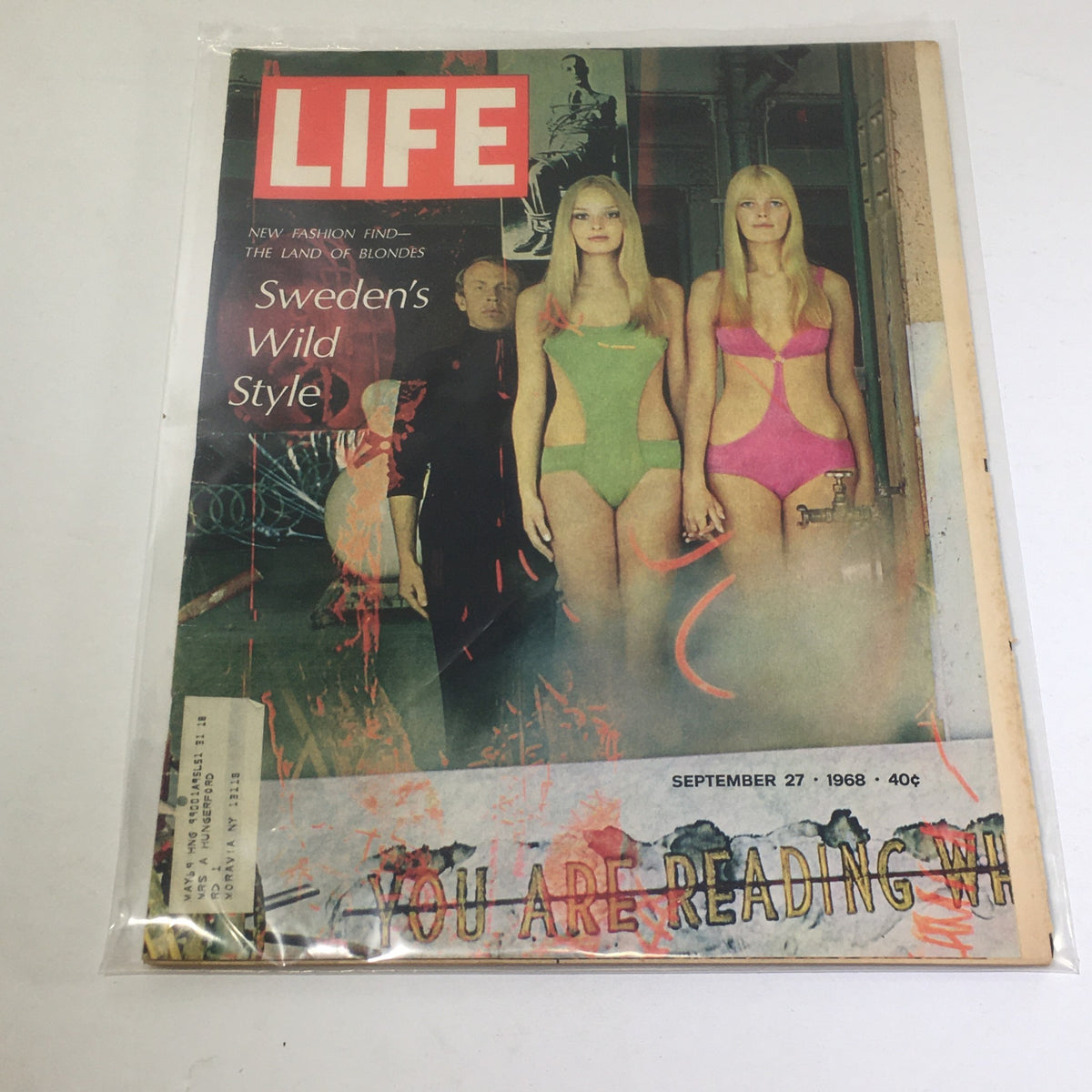 Cover of Life Magazine from September 27, 1968 featuring Sweden's Wild Style fashion showcase with two models in colorful swimwear.