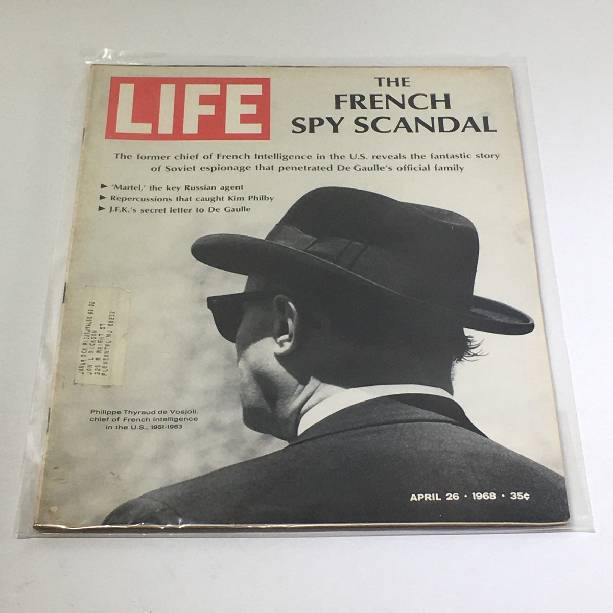 VTG Life Magazine: April 26 1968 cover featuring 'The French Spy Scandal.' The image showcases the silhouette of a man wearing a hat and sunglasses, symbolizing espionage, alongside headlines about a key Russian agent and J.F.K.'s letter to De Gaulle.