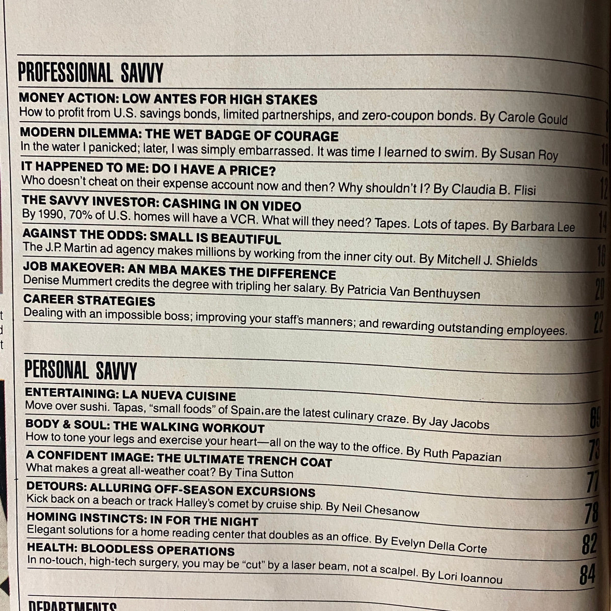 Interior page from Savvy Magazine October 1985 showcasing the table of contents. Features articles about financial strategies, personal development, and the rise of video investments, emphasizing insights for career advancement.