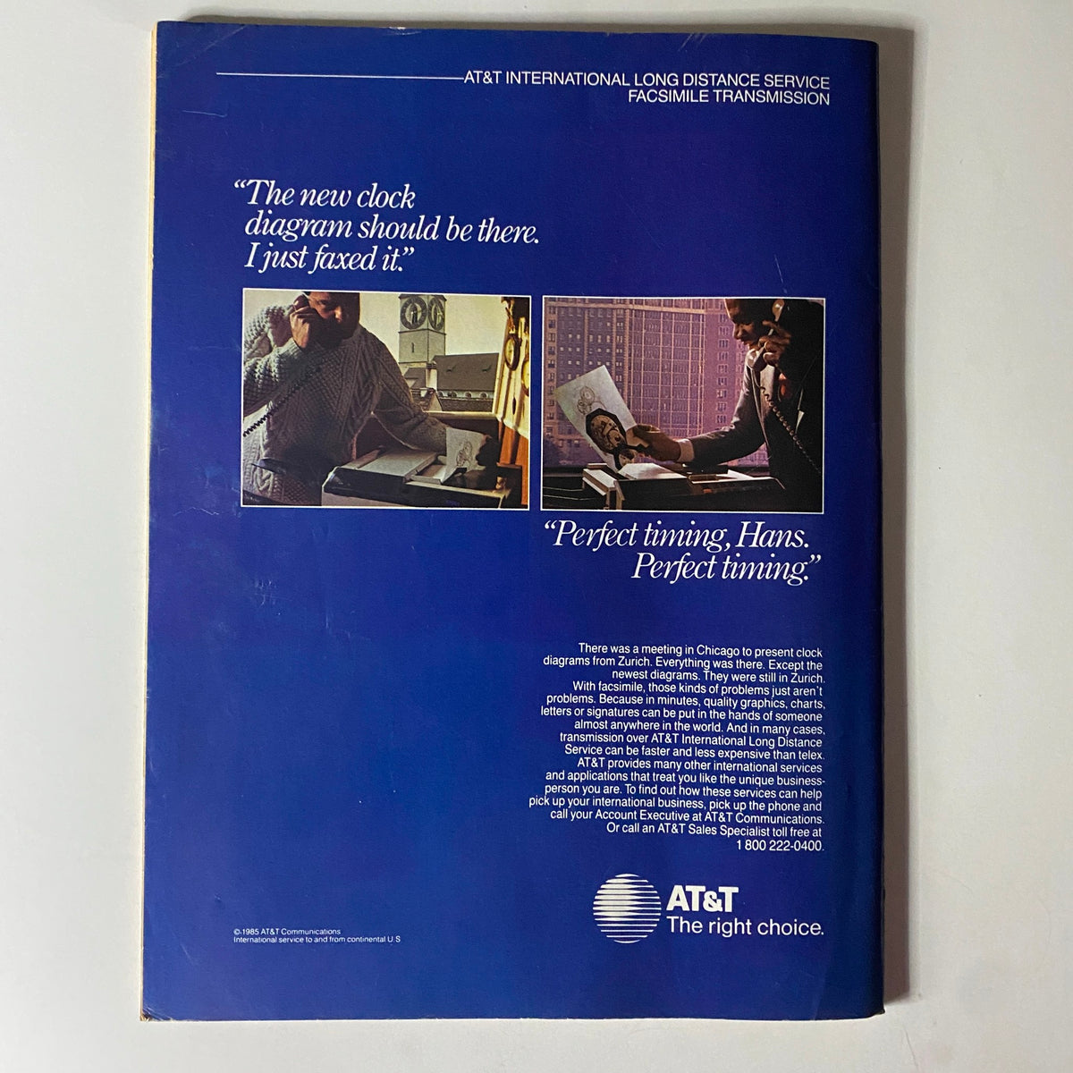 Savvy Magazine September 1985 - Back cover advertisement for AT&T International Long Distance Service, showcasing business communications and fax technology of the 1980s.