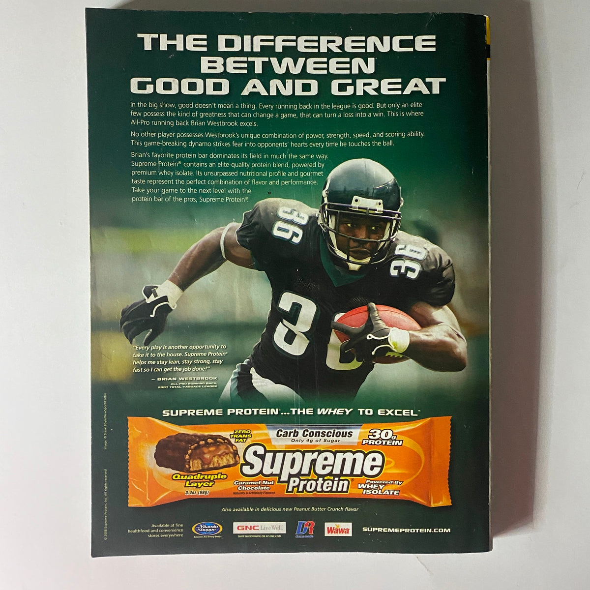 Back cover of Flex Magazine December 2008 featuring advertisement for Supreme Protein with a football player in action. This vintage issue highlights MMA icons Randy Couture and Brock Lesnar on the cover.