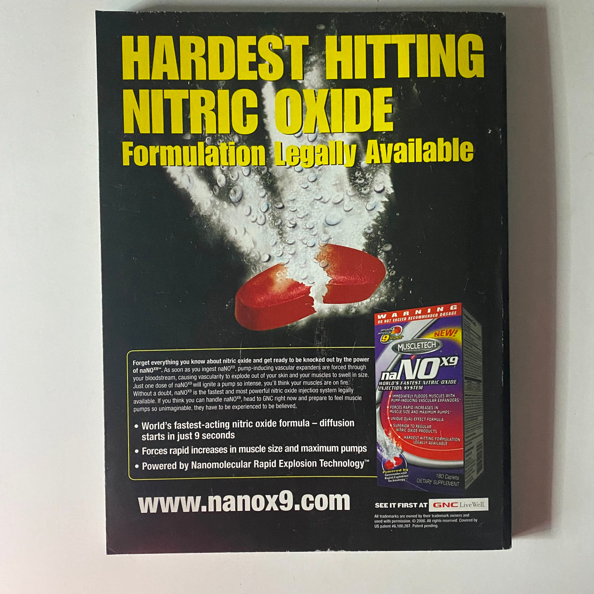 Back cover of Flex Magazine October 2006 highlighting nitric oxide supplements with a branded advertisement for MuscleTech's NanoX9.