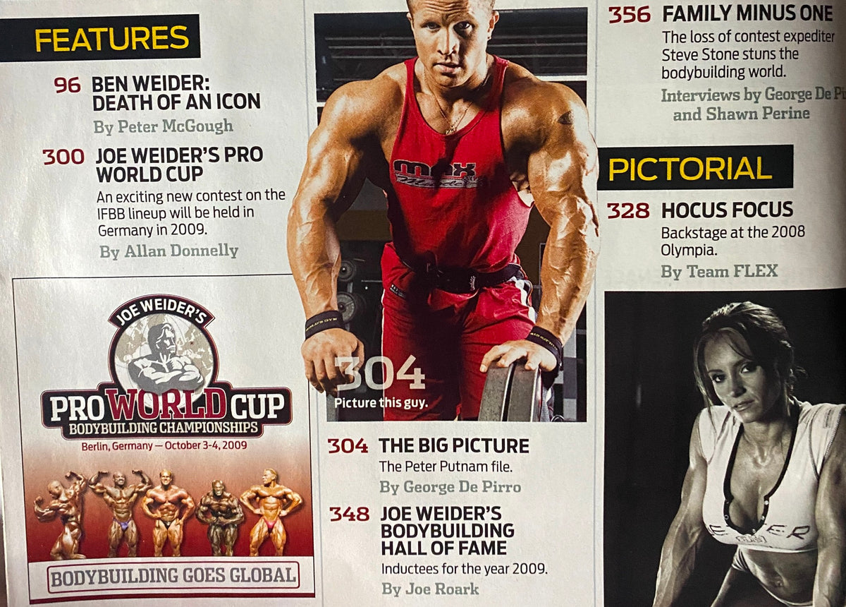 Contents page from Flex Magazine January 2009 Vol 26, Num 11 featuring articles including 'Death of an Icon' on Ben Weider, 'Pro World Cup Coverage' and 'Backstage at the 2008 Olympia'.